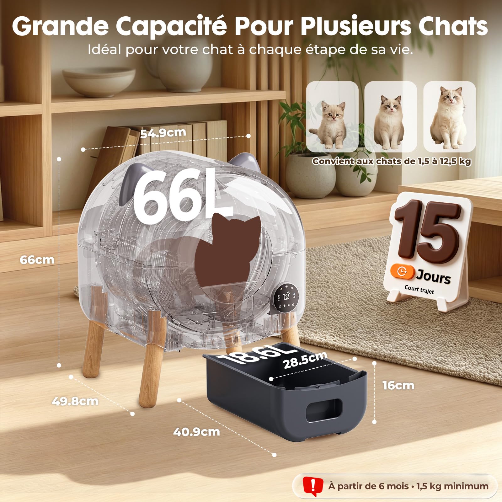 GTPLAYER Litiere Chat Autonettoyante 66L, Litière Automatique avec Contrôle APP, Anti‑Pincement, Éclairage LED 6 Couleurs, Bac Litiere pour Chat Inclus Tapis & Déodorant, pour Plusieurs Chats, Gris