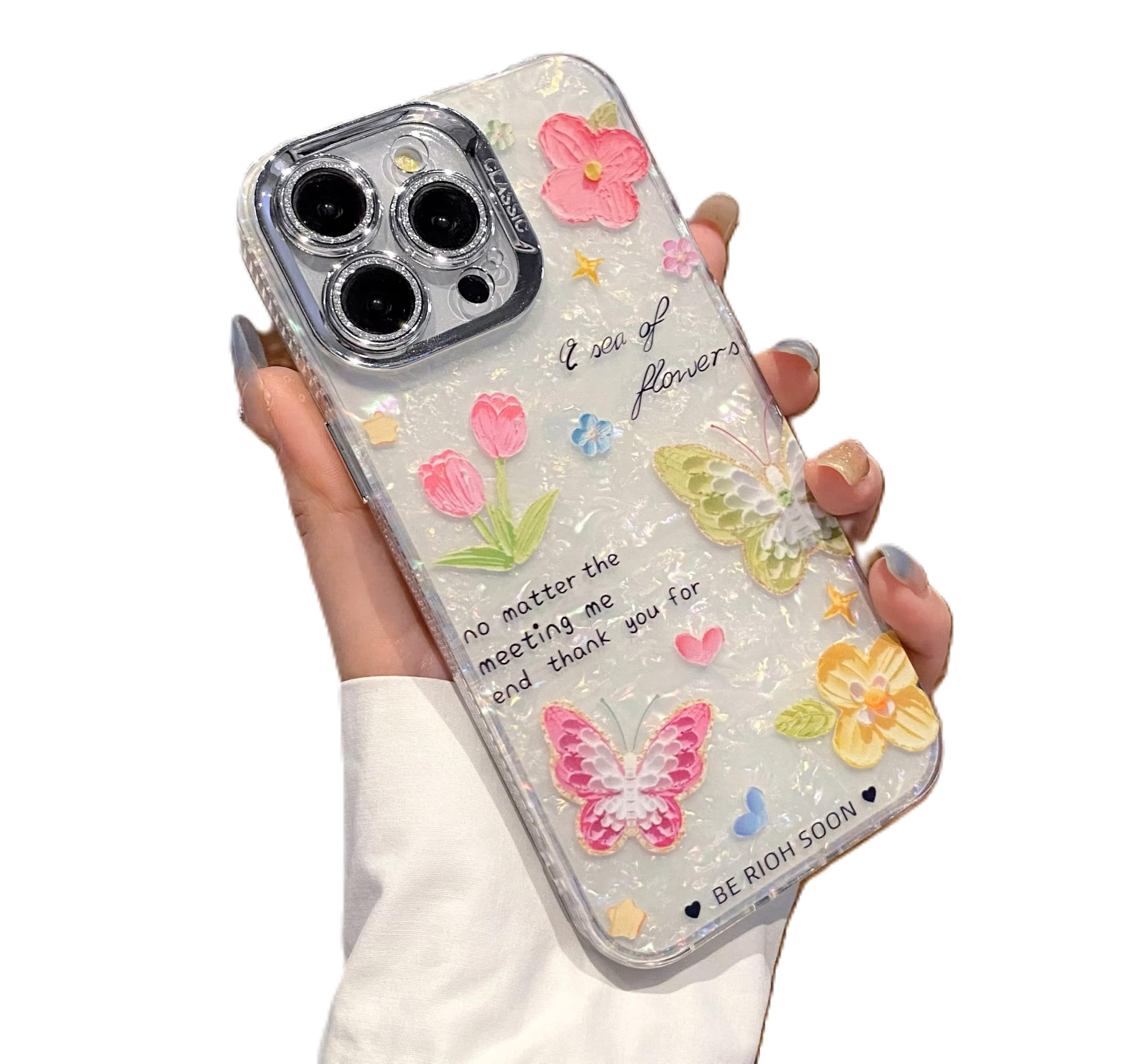 iPhone 15 Pro Max case cover cute flowers butterfly glitter for iPhone 15 pro max 6.7-Inch - Shockproof Phone Bumper Cover, Cute Sparkly for Women and Girls (White, iPhone 15 Pro Max)