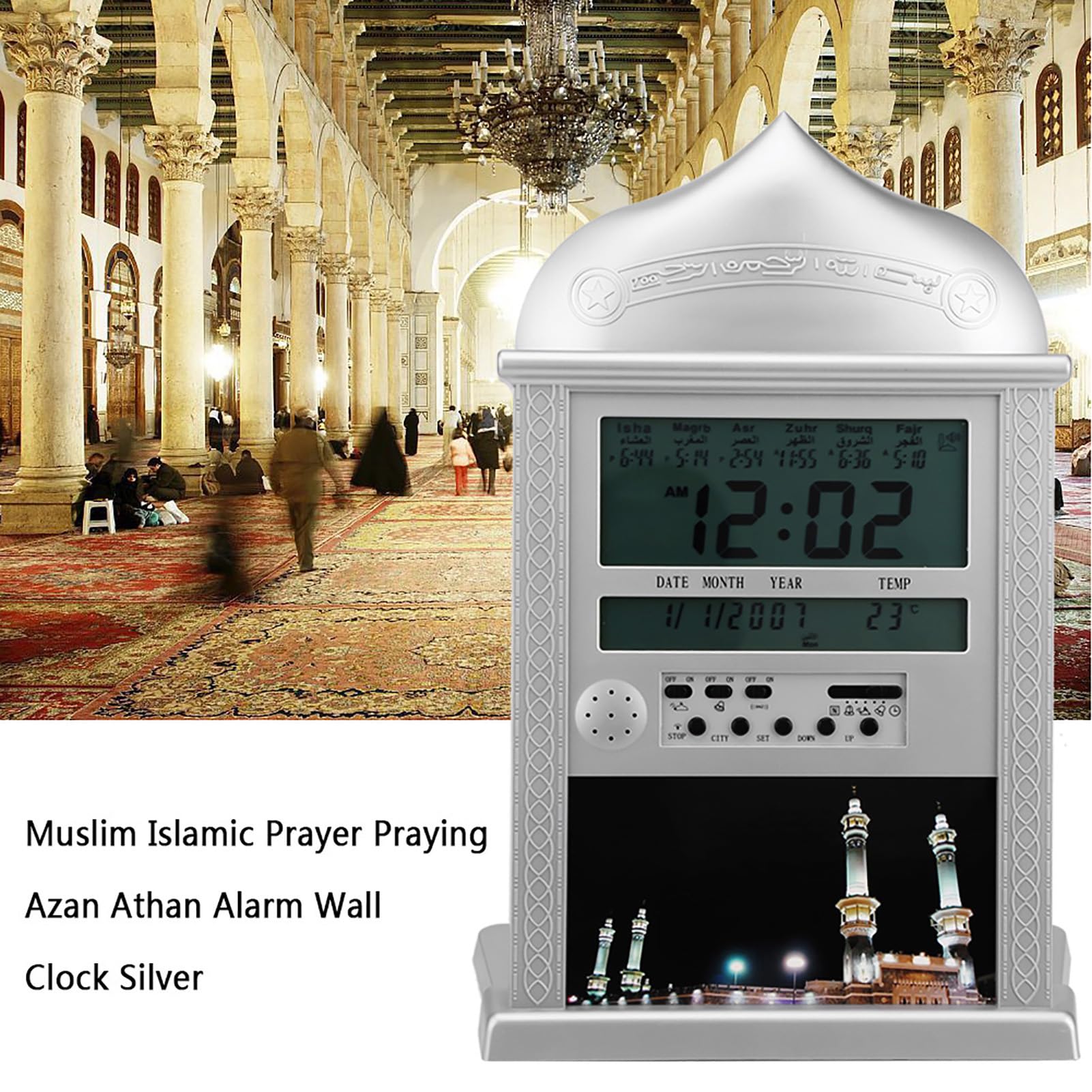 lyrlody Reloj de Oración Musulmán con Recordatorio Azan, Hora Mundial, Pantalla de Temperatura, Plástico y Metal