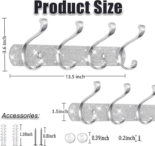 Miniatura 7 de BlackFish Perchero montado en la pared, diamantes de imitación plateados brillantes, cuatro ganchos resistentes, perchero independiente, perchero