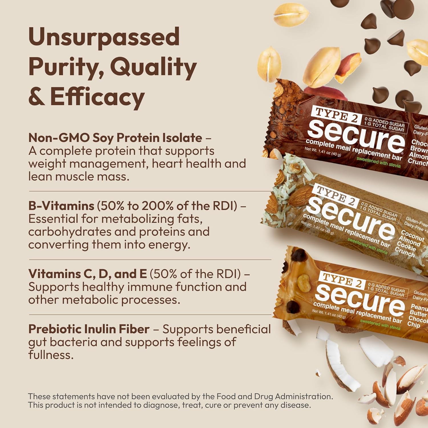 ANDREW LESSMAN Type 2 Secure Complete Meal Replacement Bars (Stevia) – VARIETY(Coconut Almond Cookie Crunch, Chocolate Brownie Almond Crunch, Peanut Butter Chocolate Chip) – 36 ct box – 10g Protein