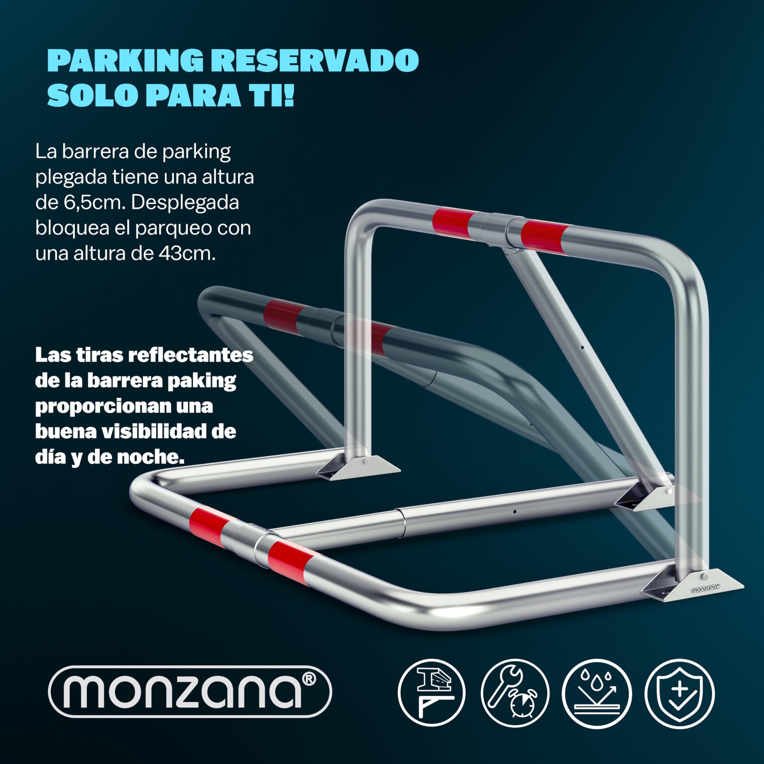 MONZANA® Barrera de Aparcamiento Acero Bloqueo Parking Estacionamiento Candado con 3 Llaves Bandas Reflectantes Abatible