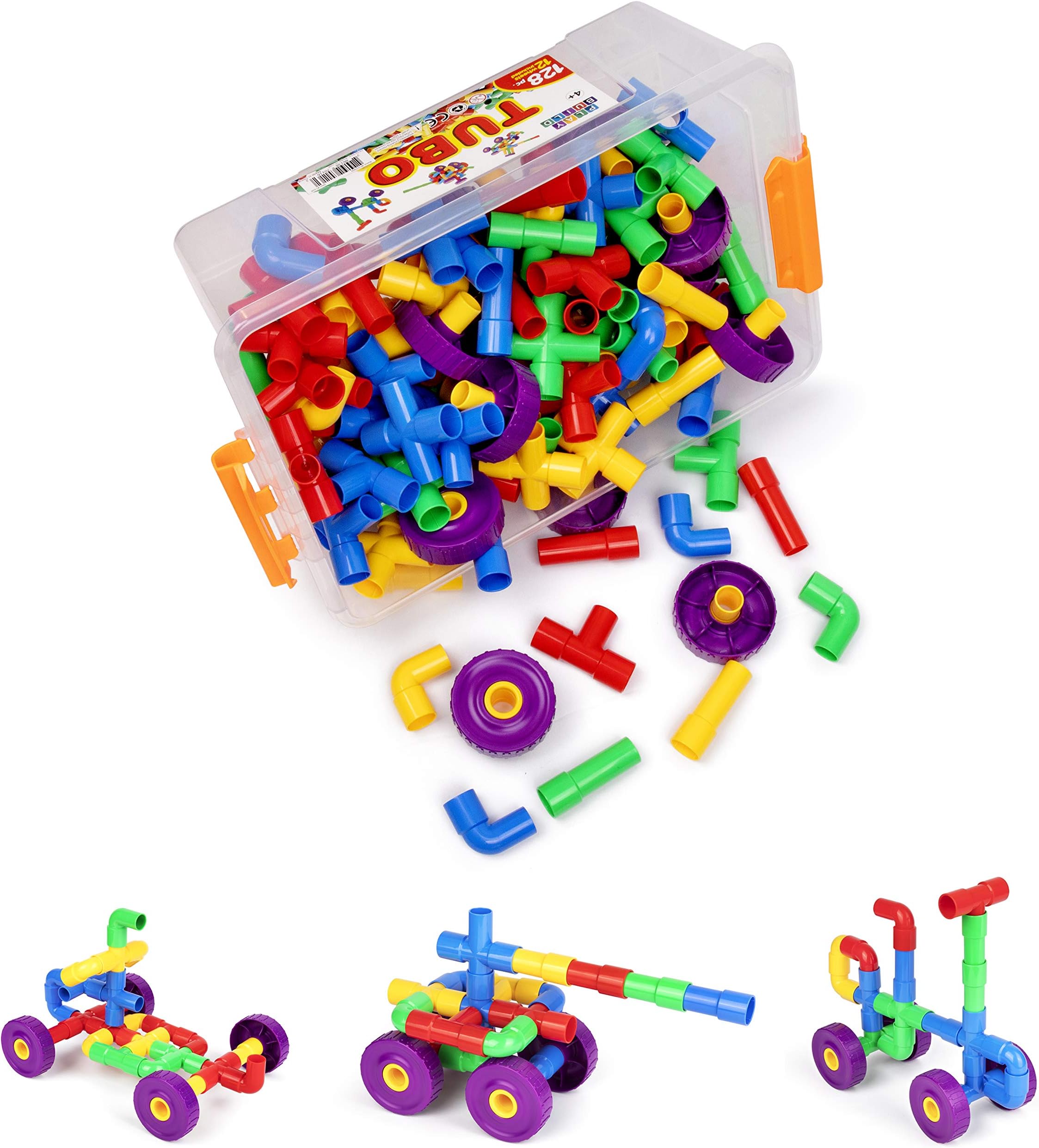 Play Build Tubular Spout Construction Building Blocks, Constructor Toy, Tubo Fun Educational Building Construction Toys with Wheels and Easy Storage Plastic Container.