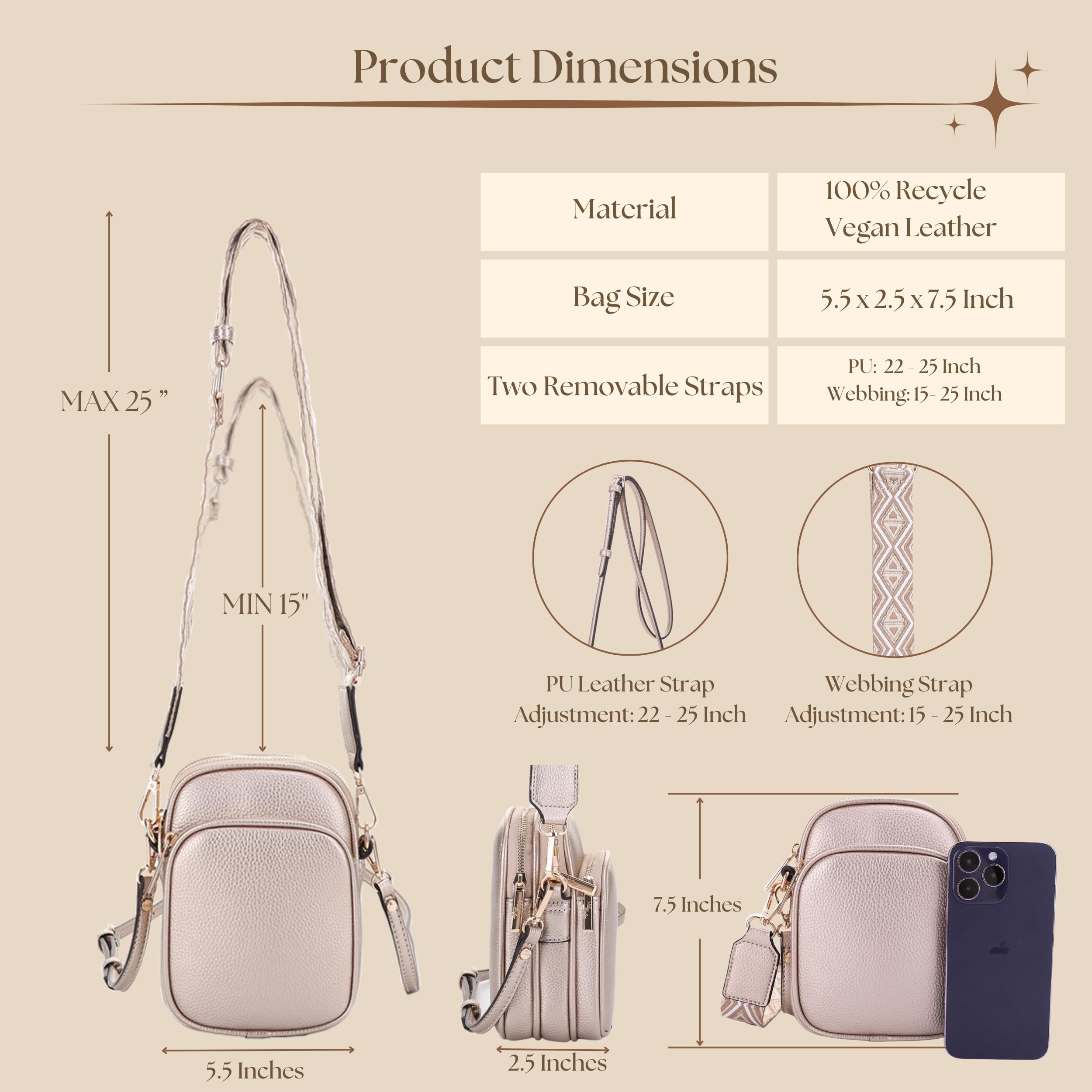 Mali+Lili Small Crossbody Bag for Women, Triple Compartment Shoulder Bag with Double Strap