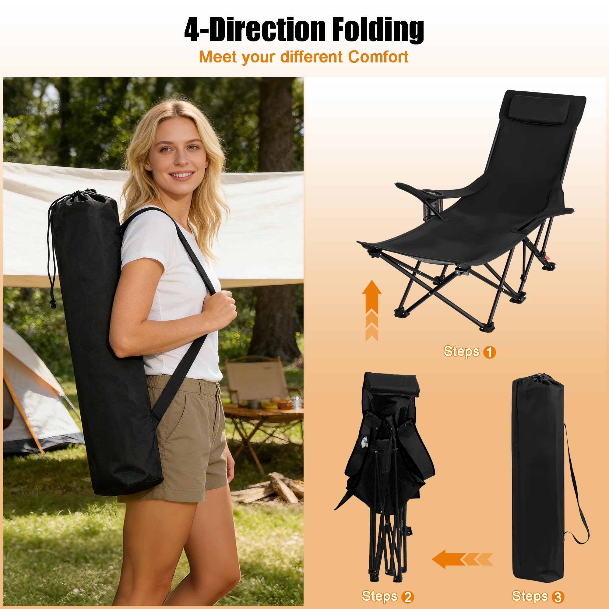 Campingstuhl Faltbar, 4 Verstellbar Winkel Strandstuhl, Klappstuhl Camping Stuhl Leicht Angelstuhl Klappbar, Hohe Lehne mit Tragetasche Gartenstuhl für Garten Outdoor Strand Wandern (Schwarz)
