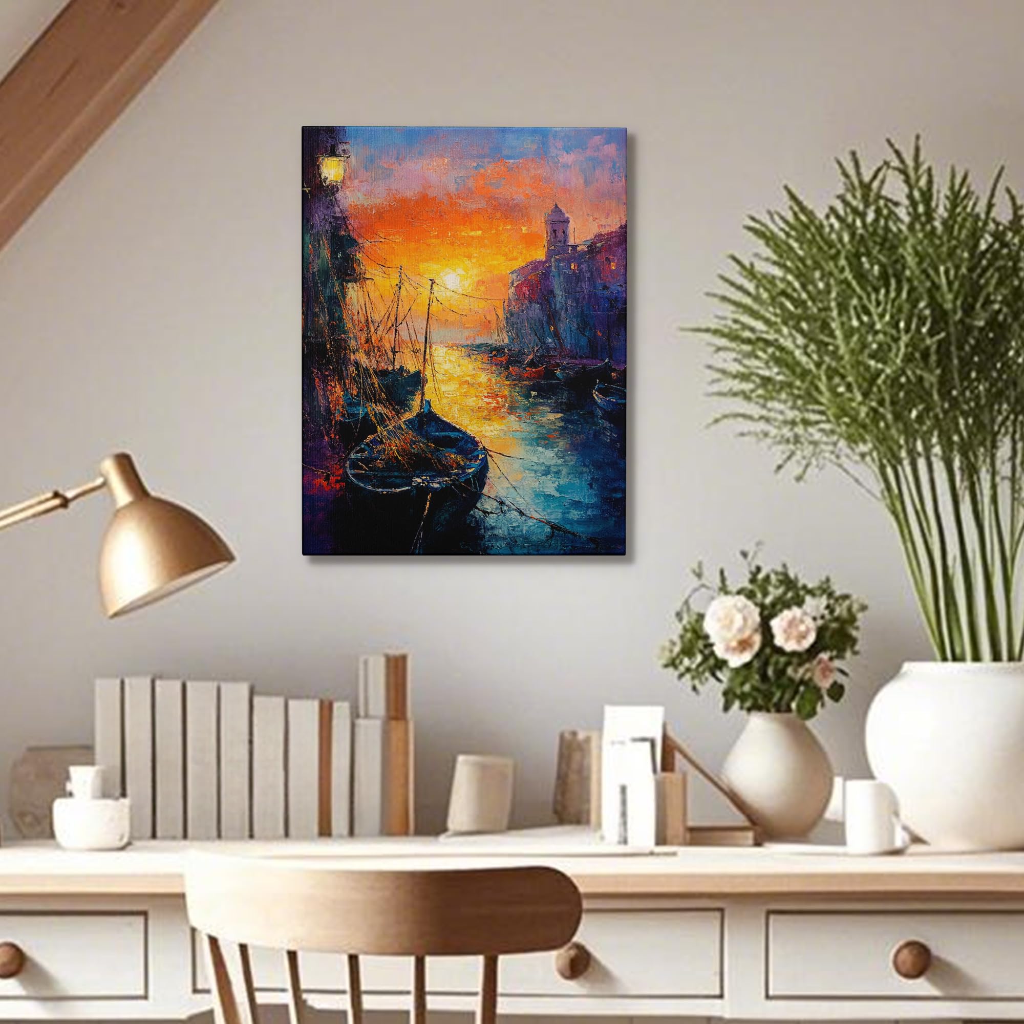 Amazon.com: Sunset Harbor Canvas Wall Art, Warm Orange Blue Water