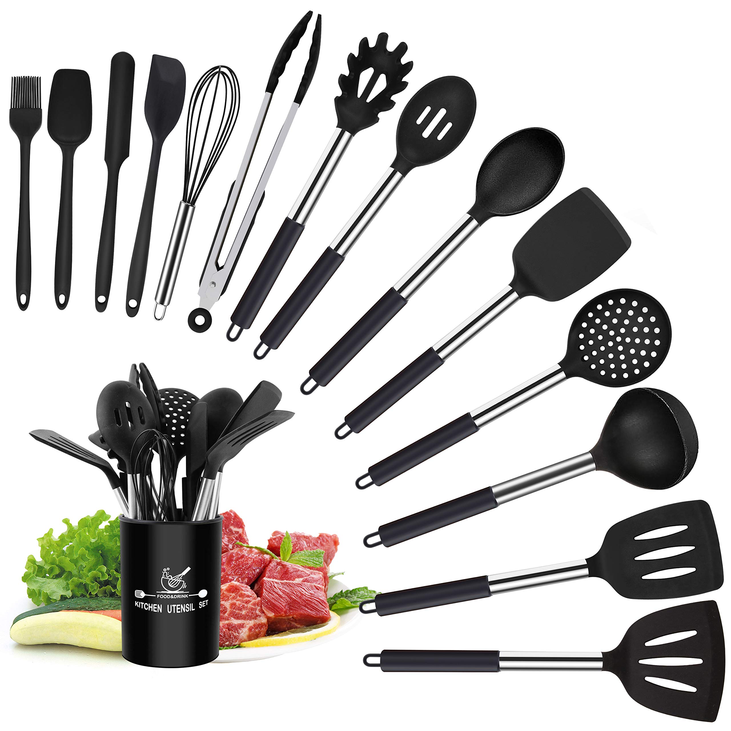 Silicone Cooking Utensil Sets, 15 pcs Kitchen Utensils Set, Non-stick Heat Resistant Silicone Cookware with Stainless Stee...