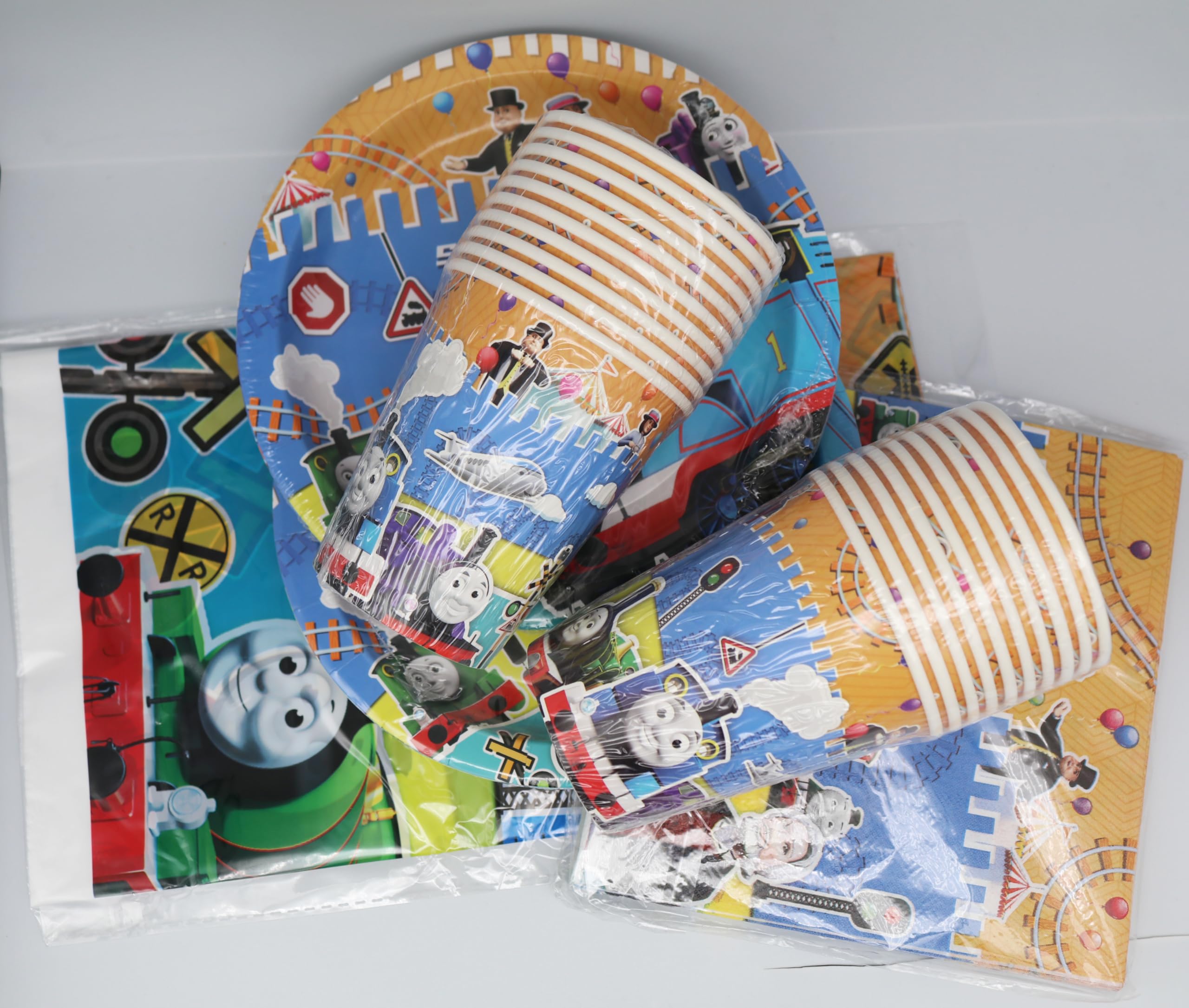 Set di 61 stoviglie Thomas per feste di compleanno per bambini, compresi piatti di carta, bicchieri, tovaglioli e tovaglie, adatte per 20 compleanni per bambini