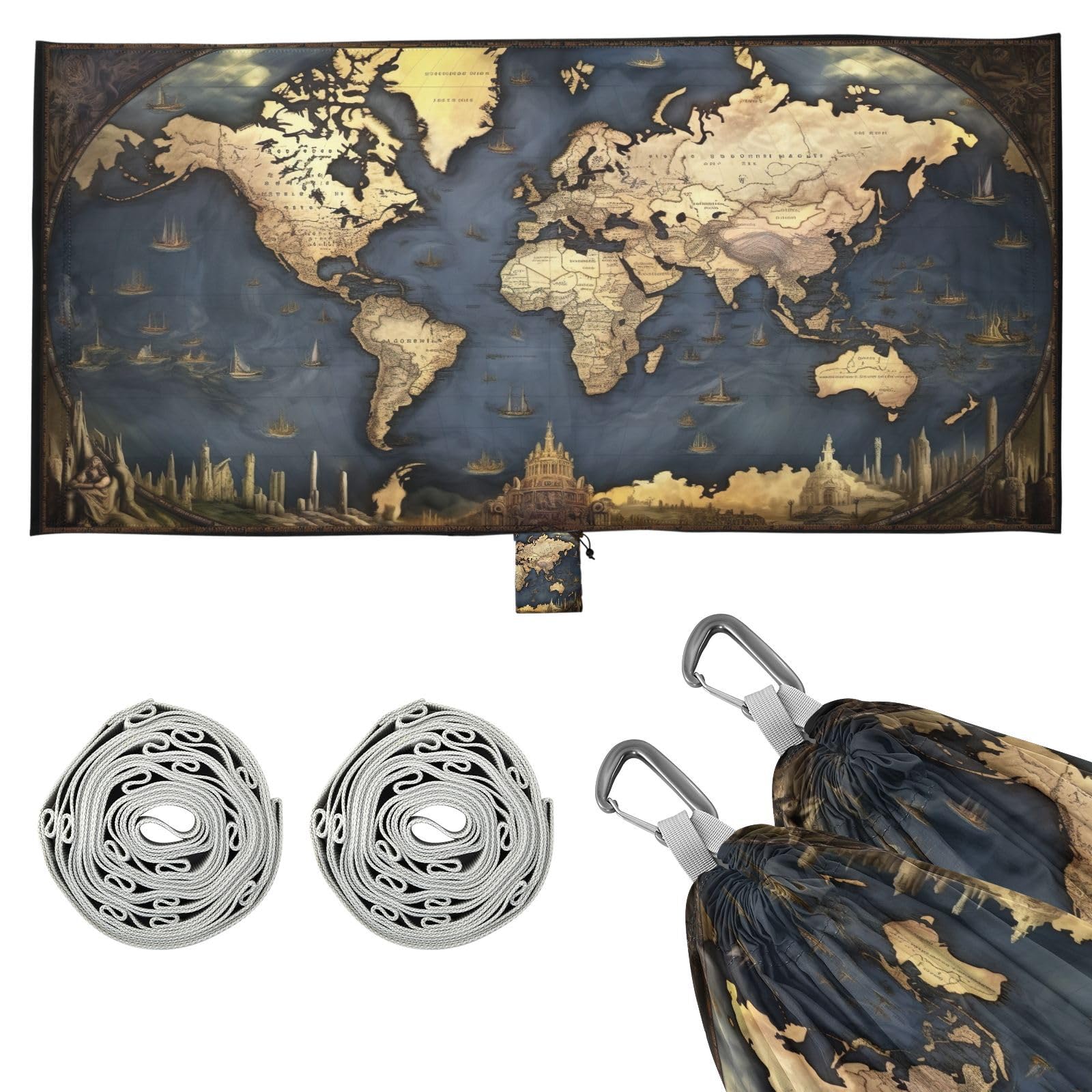 SDMKA World Map Pattern Camping Hammock, 330 lbs with 2 Tree Straps, Carry Bag, Single Portable Hammock for Outdoor/Indoor, Hiking, Beach, Backpacking, Travel