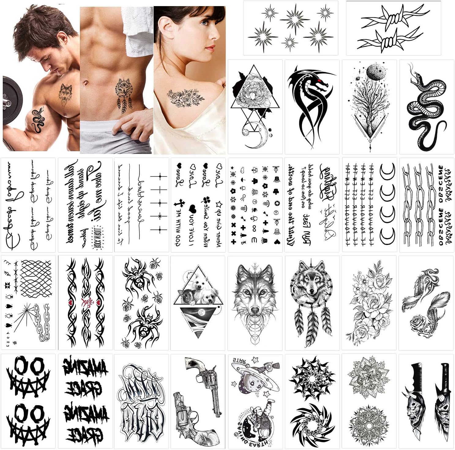 Konsait Temporary Tattoos for Adult Men Women Kids(30 Sheets), Waterproof Temporary Tattoo Fake Tattoos Body Art Sticker Hand Neck Wrist Cover Up Set, Dragon Spider Snake Mandala Flower Wolf Etc