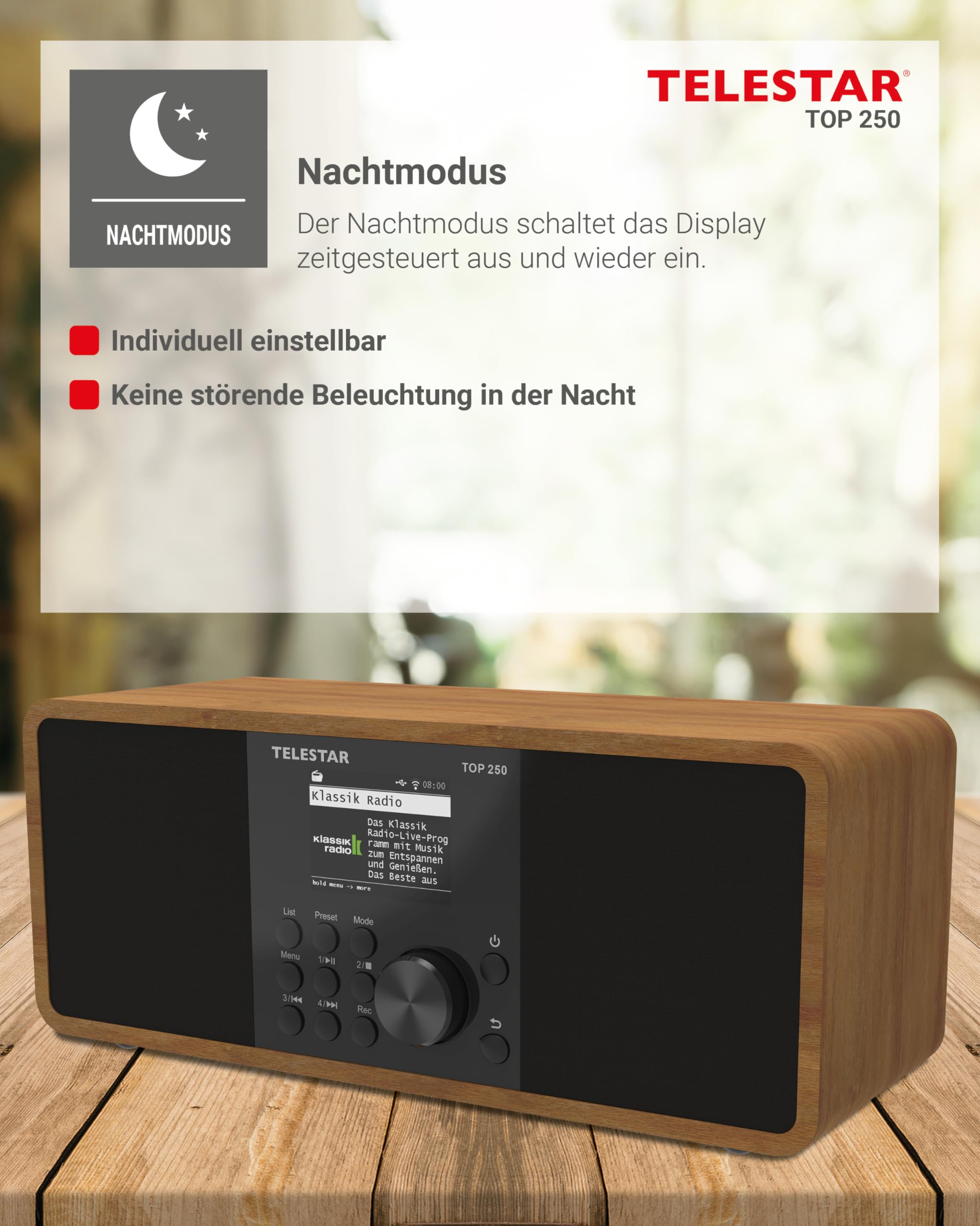 TELESTAR TOP 250 – DAB+/Internetradio, Stereo – Holz | 2 × 10 Watt, Bluetooth Audio-Streaming & Sendefunktion, USB-Aufnahme, Notfallwarnsystem, App-Steuerung