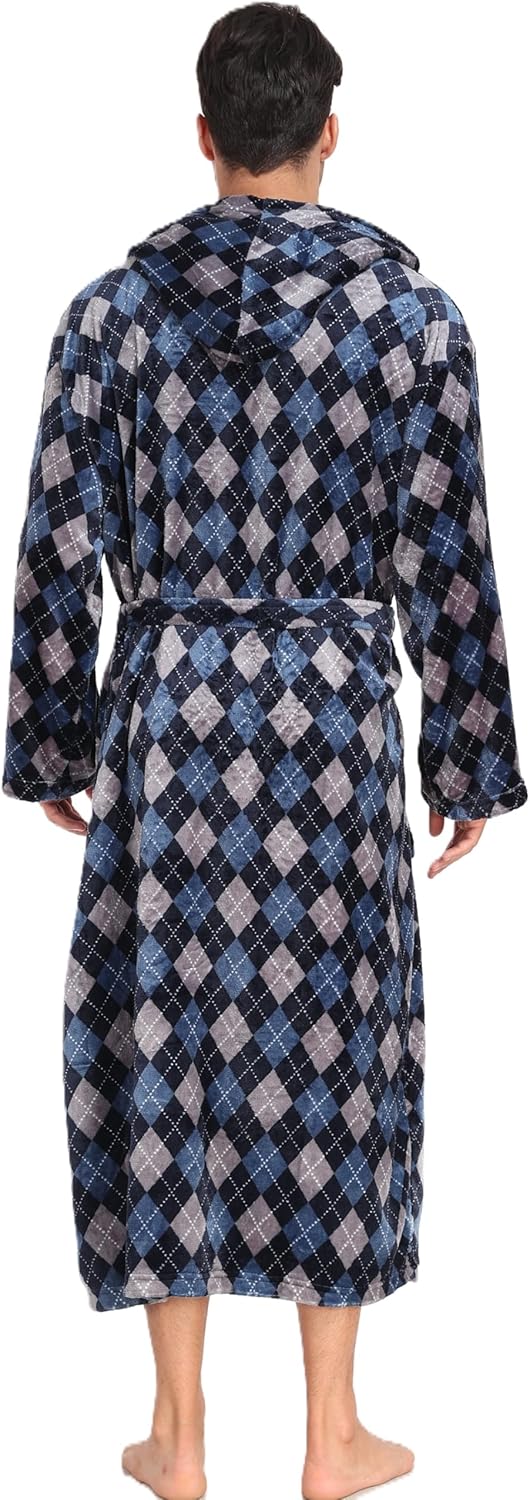 Men's Plush Hooded Bathrobe Winter Warm Fleece Robes Soft Flannel Long Robes with Pockets, Full Length - Image 6