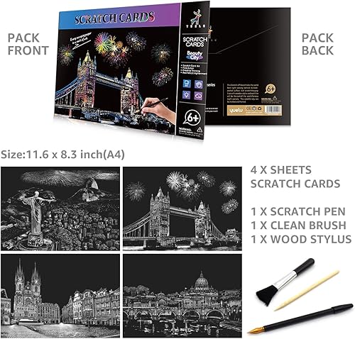 Miniatura 3 de Papel de pintura para rascar arcoíris (A4) para adultos y niños, rascador de vista nocturna, juego de arte de grabado 4 hojas de tarjetas para