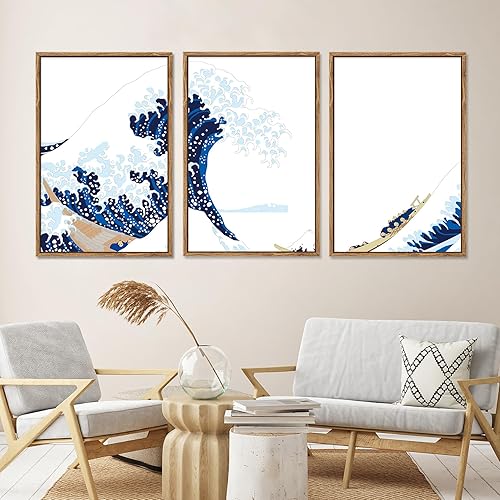 24"x36"x3 panels of Framed Canvas Wall Art,The Great Wave Beautiful