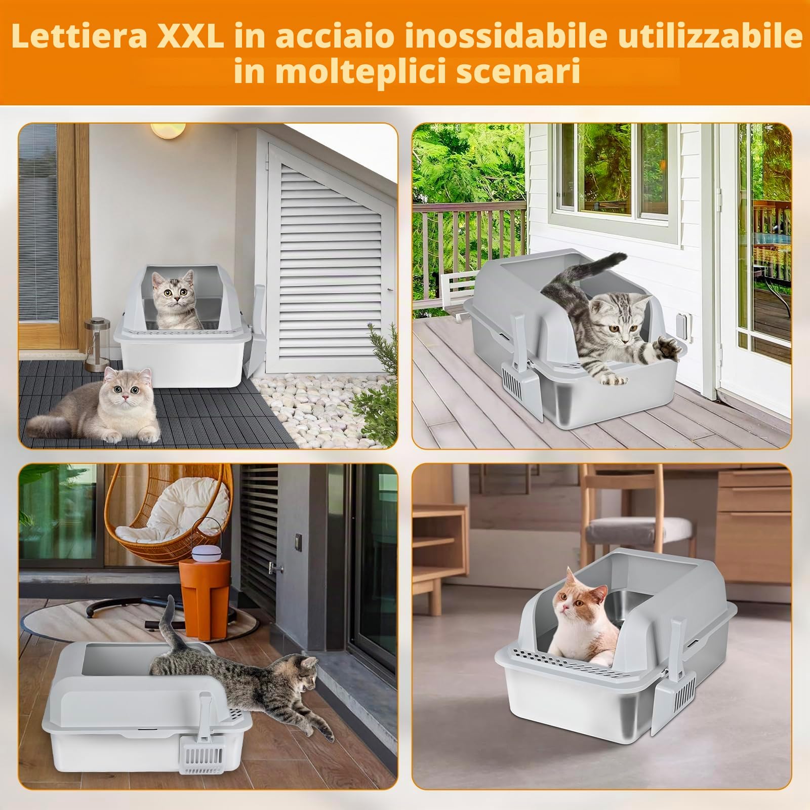 Homegroove Vassoio filtrante in acciaio inossidabile per pellet di pino, 60 x 40 x 35,5 cm XXL lettiera XXL in metallo con coperchio per gatti da interno, vassoio filtrante per gatti con setaccio in