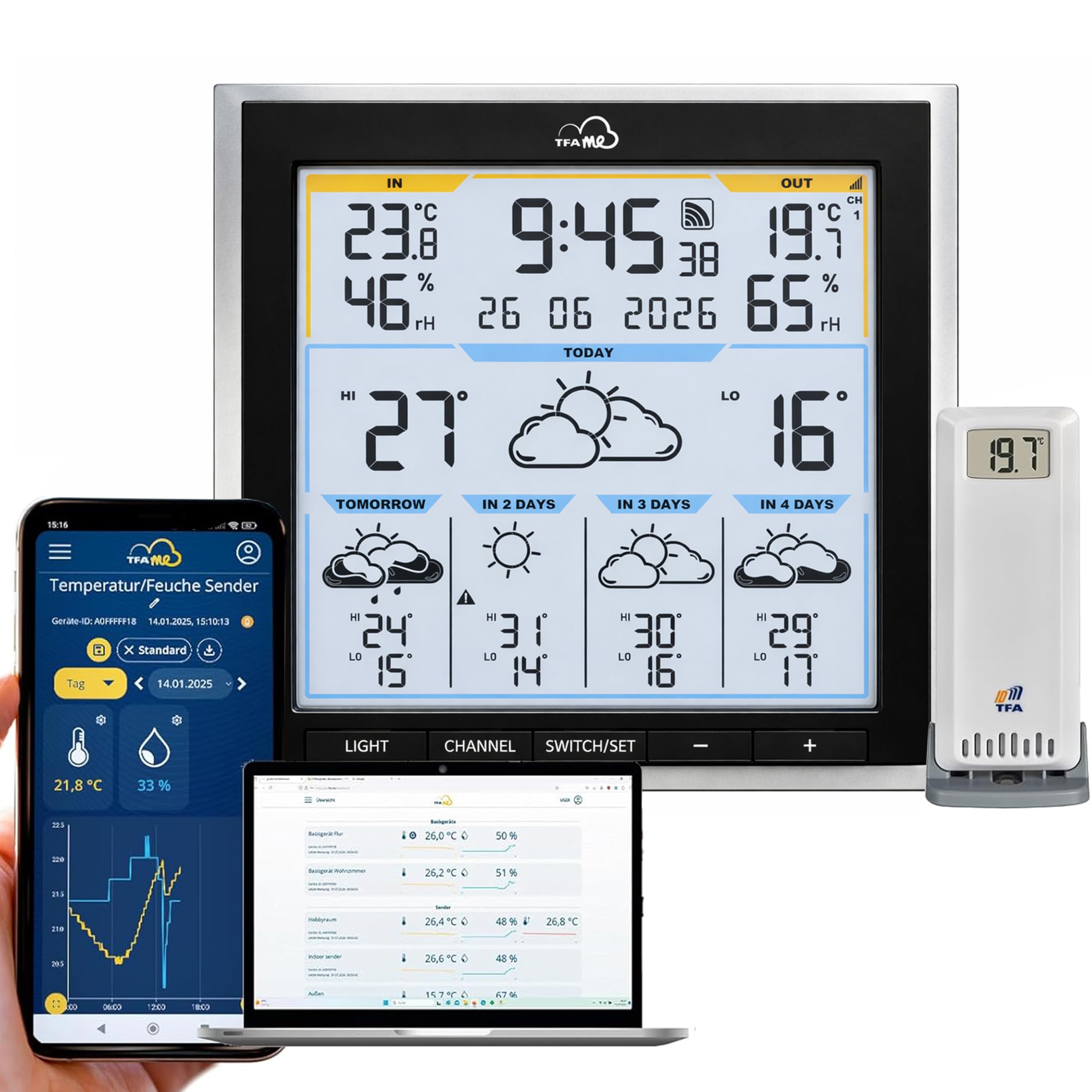 TFA 35.8105 WLAN Funkwetterstation TFA.me ID-08 Wetterprognose wetter.com 5 Tage mit Wettersymbolen, UV-Index, Regenmenge, Windgeschwindigkeit, Windrichtung (Blackline)