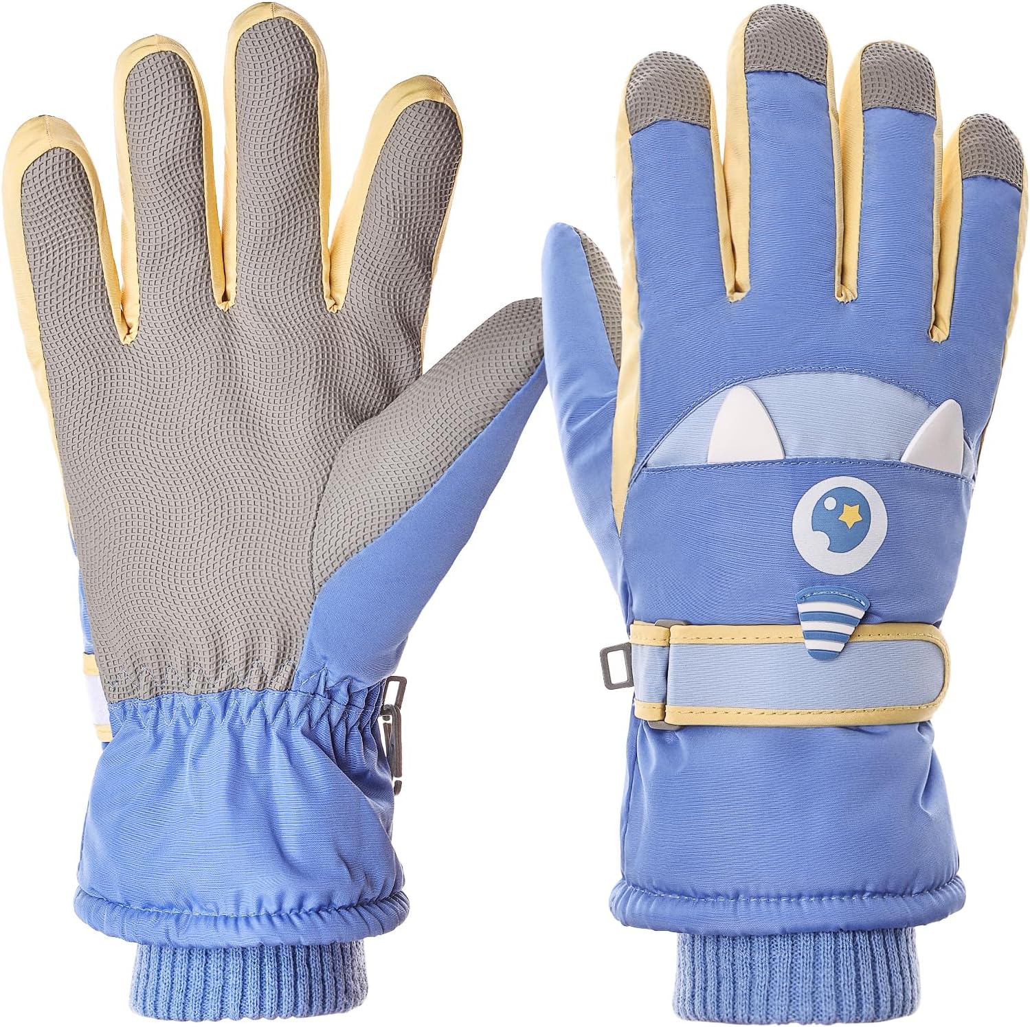 Kids Touchscreen Ski Gloves Children Waterproof Winter Snow Gloves with Grip, Unicorn Monster Design, Anti-Loss Clip for Boys & Girls