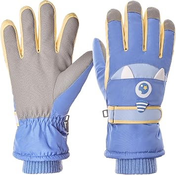 Kids Touchscreen Ski Gloves Children Waterproof Winter Snow Gloves with Grip, Unicorn Monster Design, Anti-Loss Clip for Boys & Girls