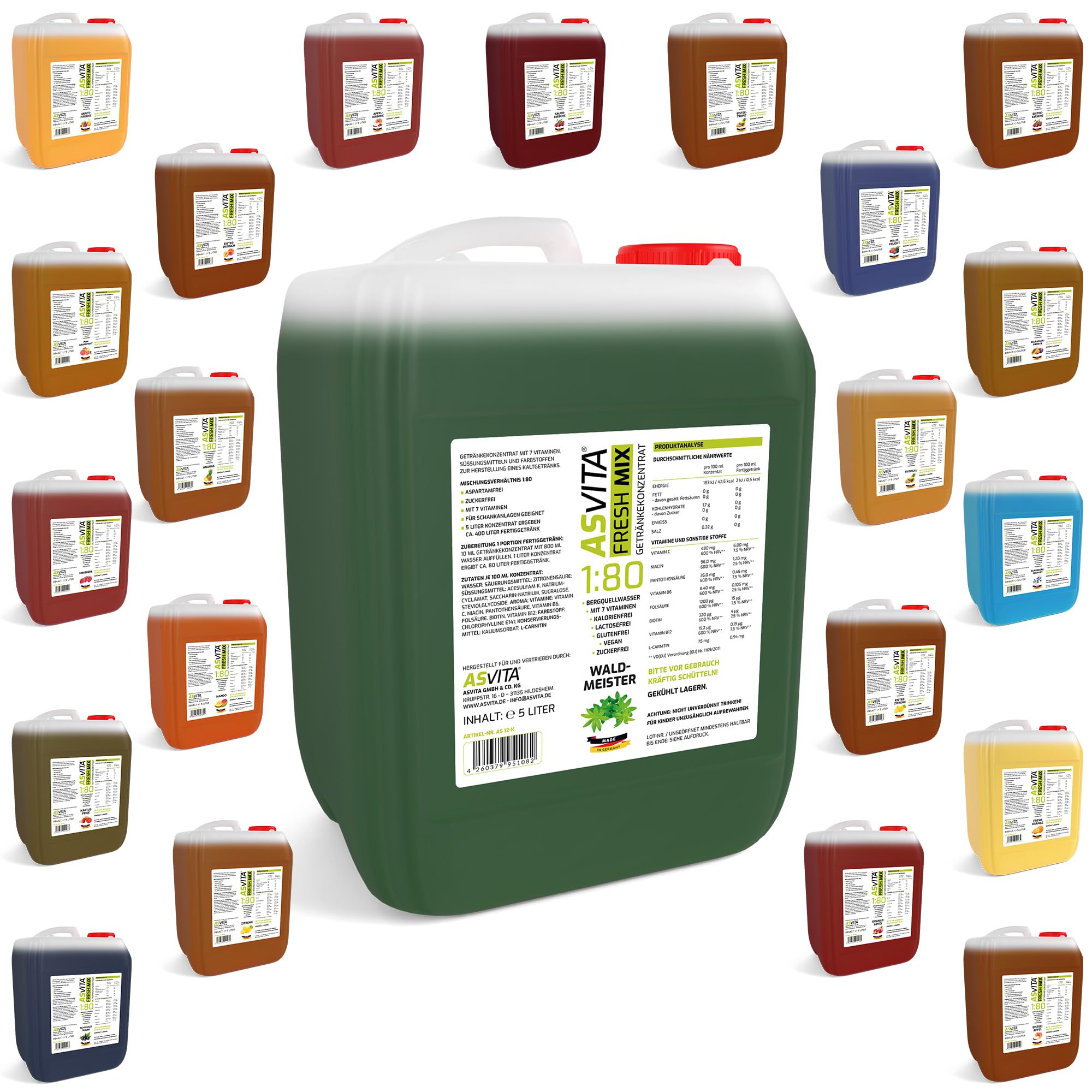 AsVita Getränkekonzentrat Fresh Mix 1:80 | 5 Liter Kanister - Getränkesirup zuckerfrei - 22 leckere Geschmacksrichtungen (Waldmeister)