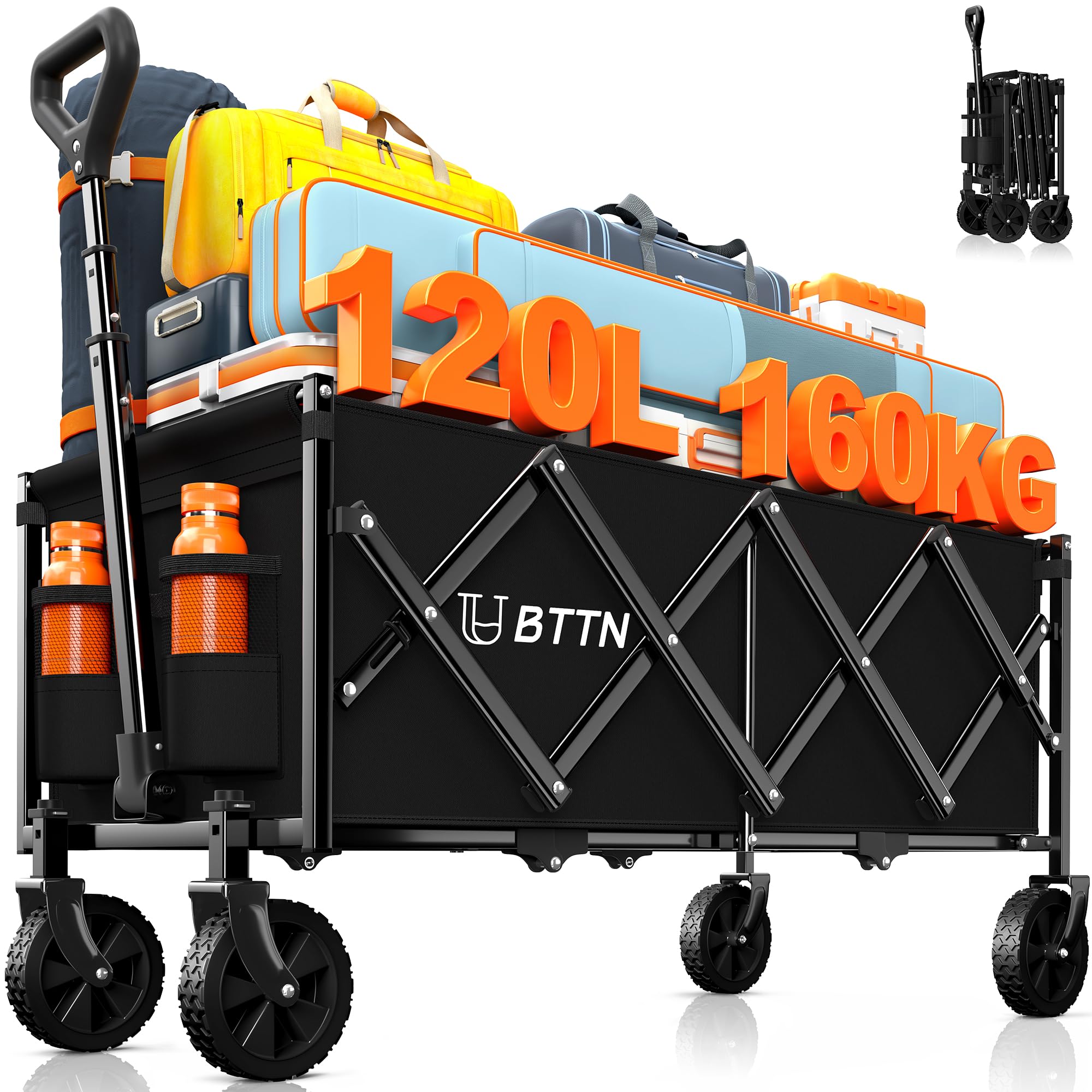 Opvouwbare bolderkar, 150 kg, strandwagen, inklapbaar, met achterklep, regenbescherming, bekerhouder, reflecterende strepen, voor honden, winkelen, camping, strand