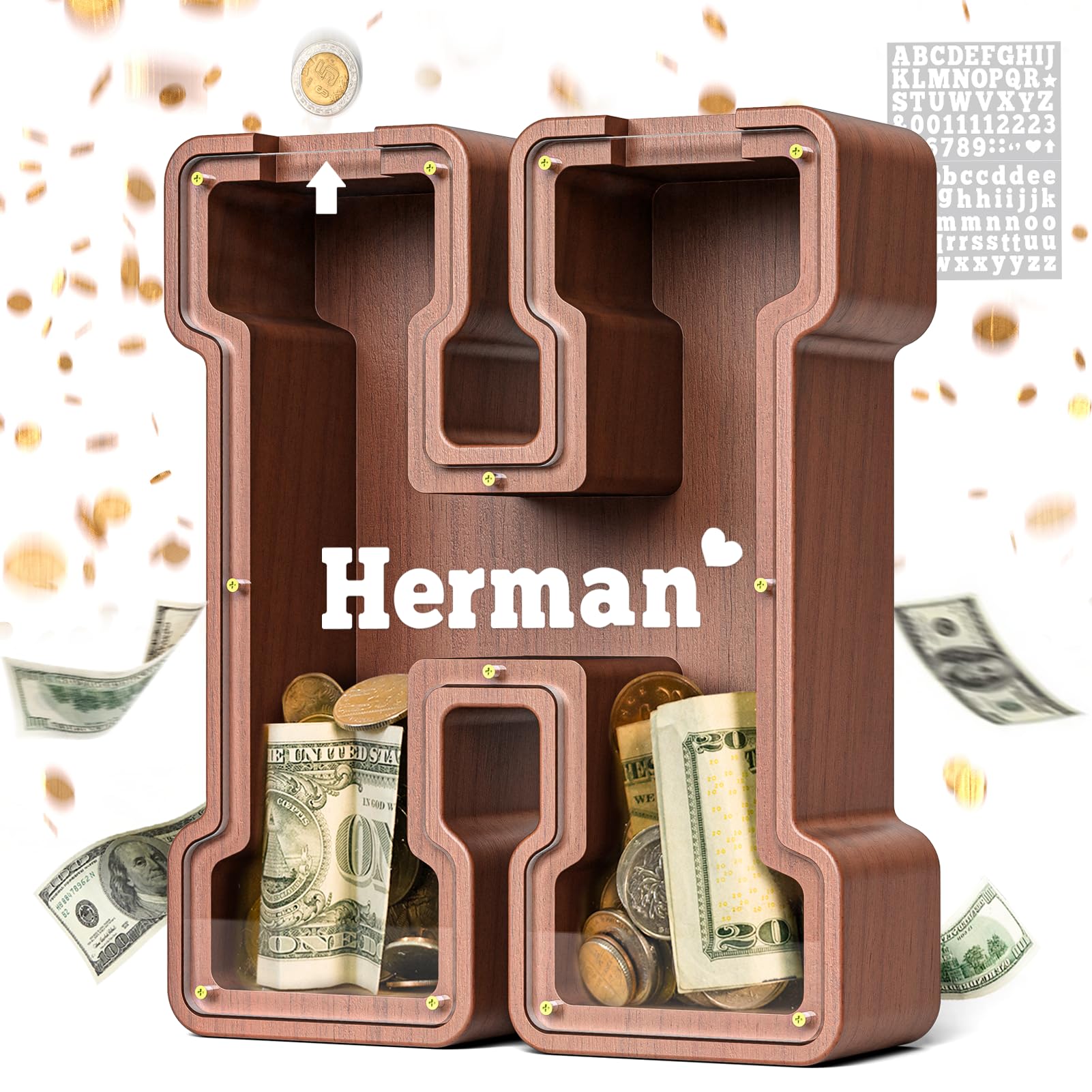 Summidate Wooden Letter Piggy Bank, Extra Thick Large Capacity Piggy Bank for Kids Boys Girls Toddler, Alphabet H Money Bank| Coin Box Birthday,