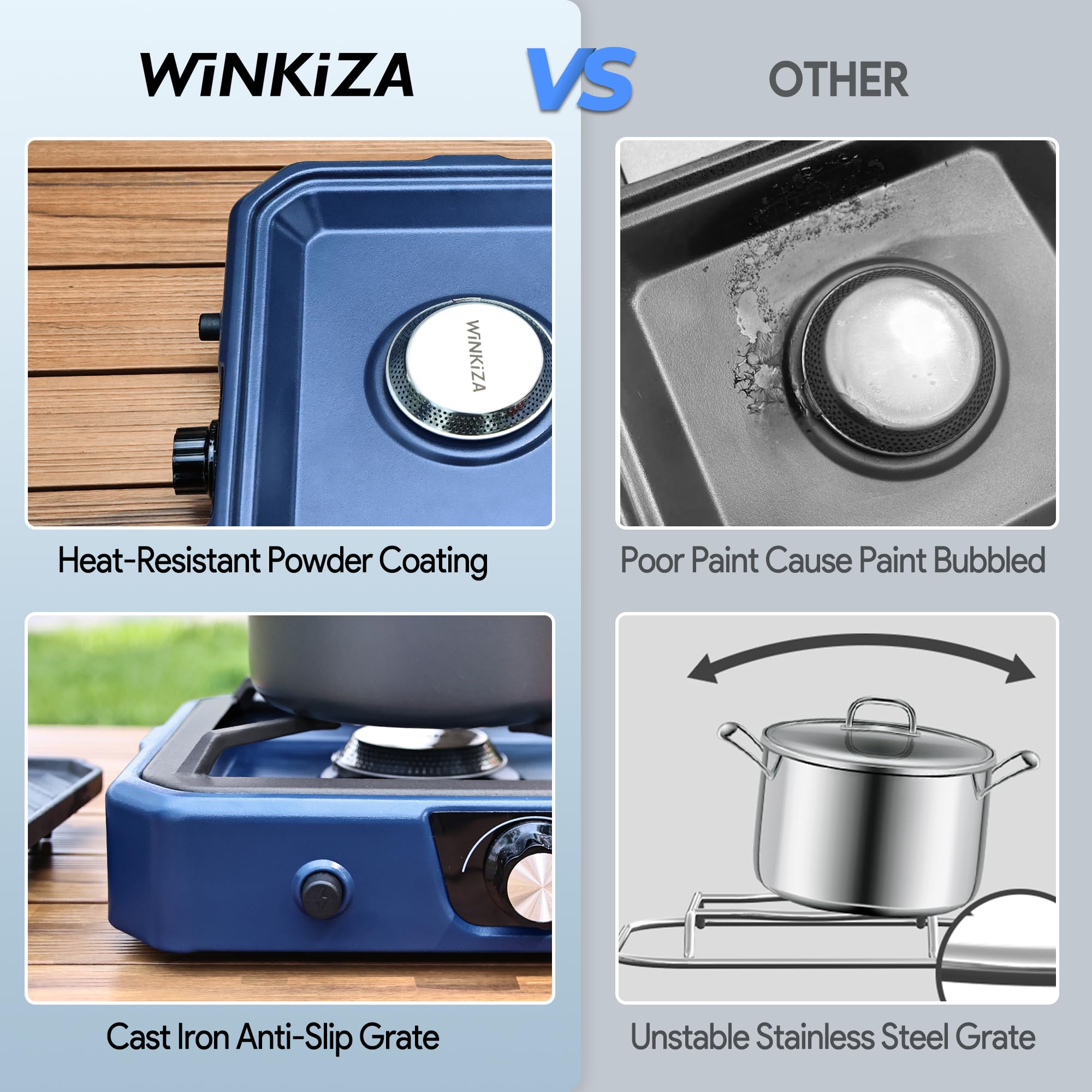 Upgraded WINKIZA Camping Stove Propane with Cutting Board, Portable Propane Camp Stove with 8,000 BTU, Adjustable Burner with Piezo Ignition & Carrying Handle, Portable Gas Stove for Camping, BBQ