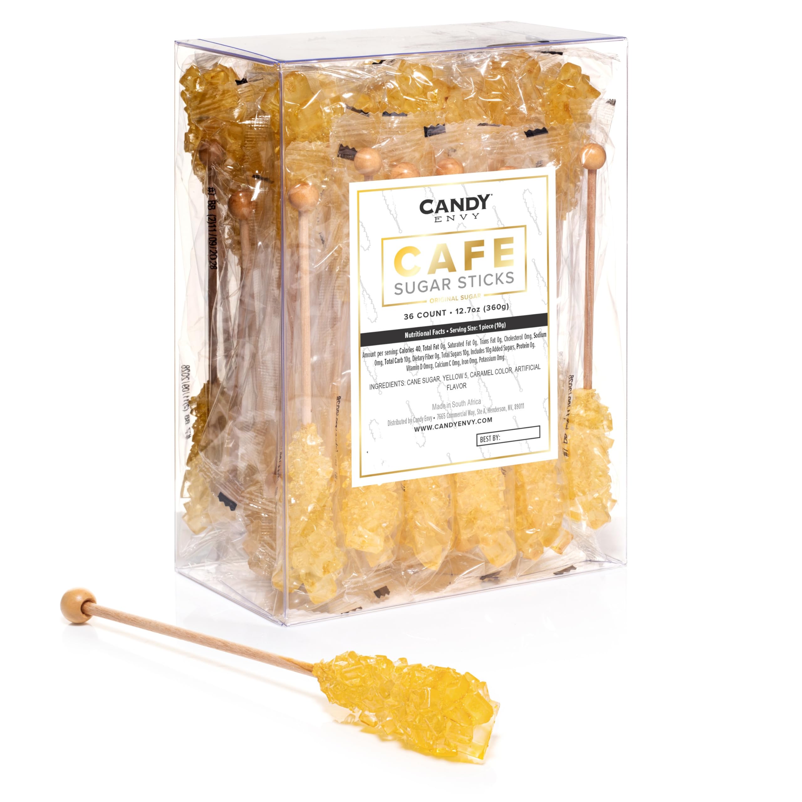 Candy Envy - Gold Café Sugar Sticks Mini Rock Candy - 36 Individually Wrapped Gold Treats - Original Sugar Flavored
