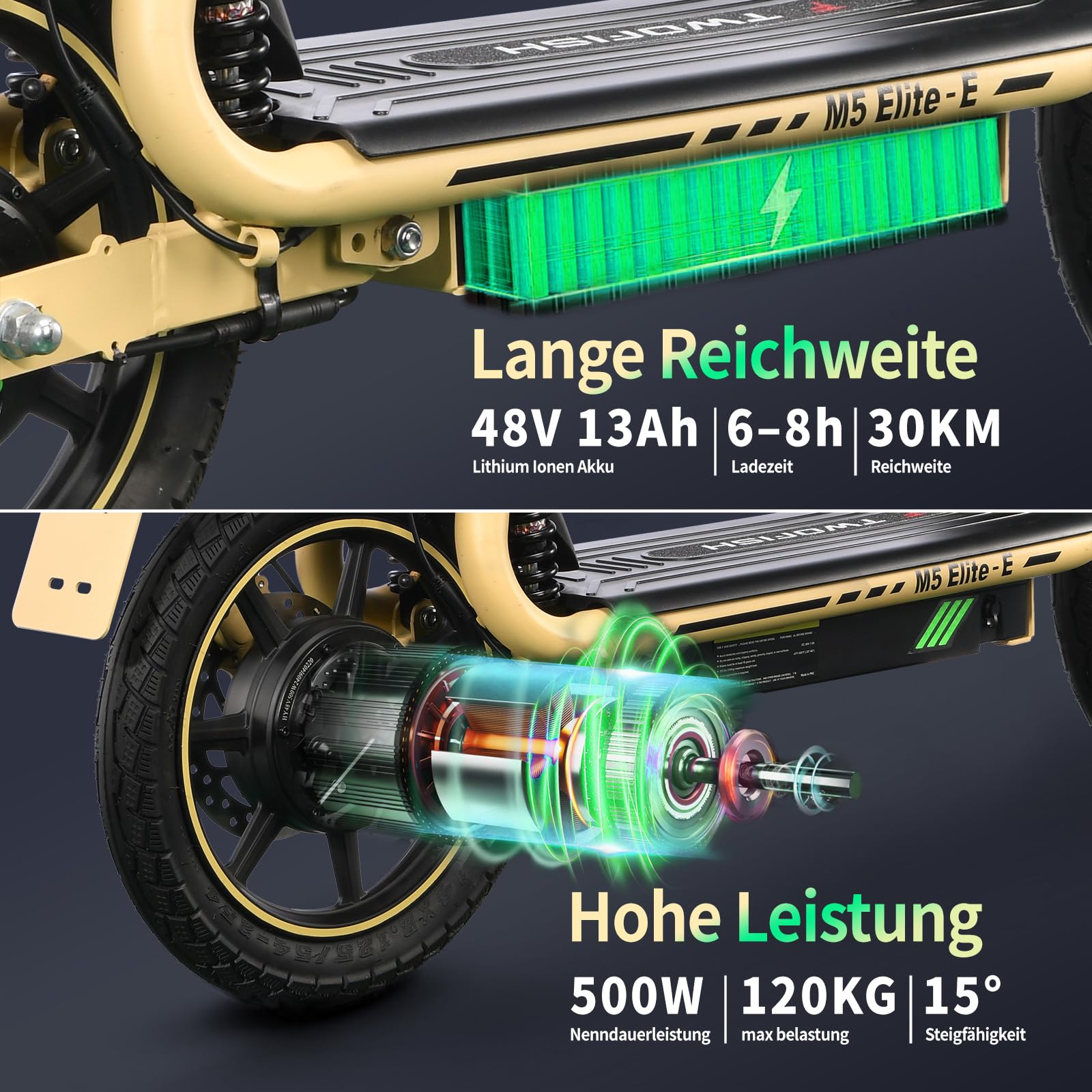 TWOFISH 14 Zoll Elektro Motorrad für Erwachsene, EEC Straßenzulassung, E Moped mit 500W Motor 48V 13Ah Akku, Disc Bremsen Doppelaufhängungg, 30 km Reichweite Max 120kg (Wüstenbeige)