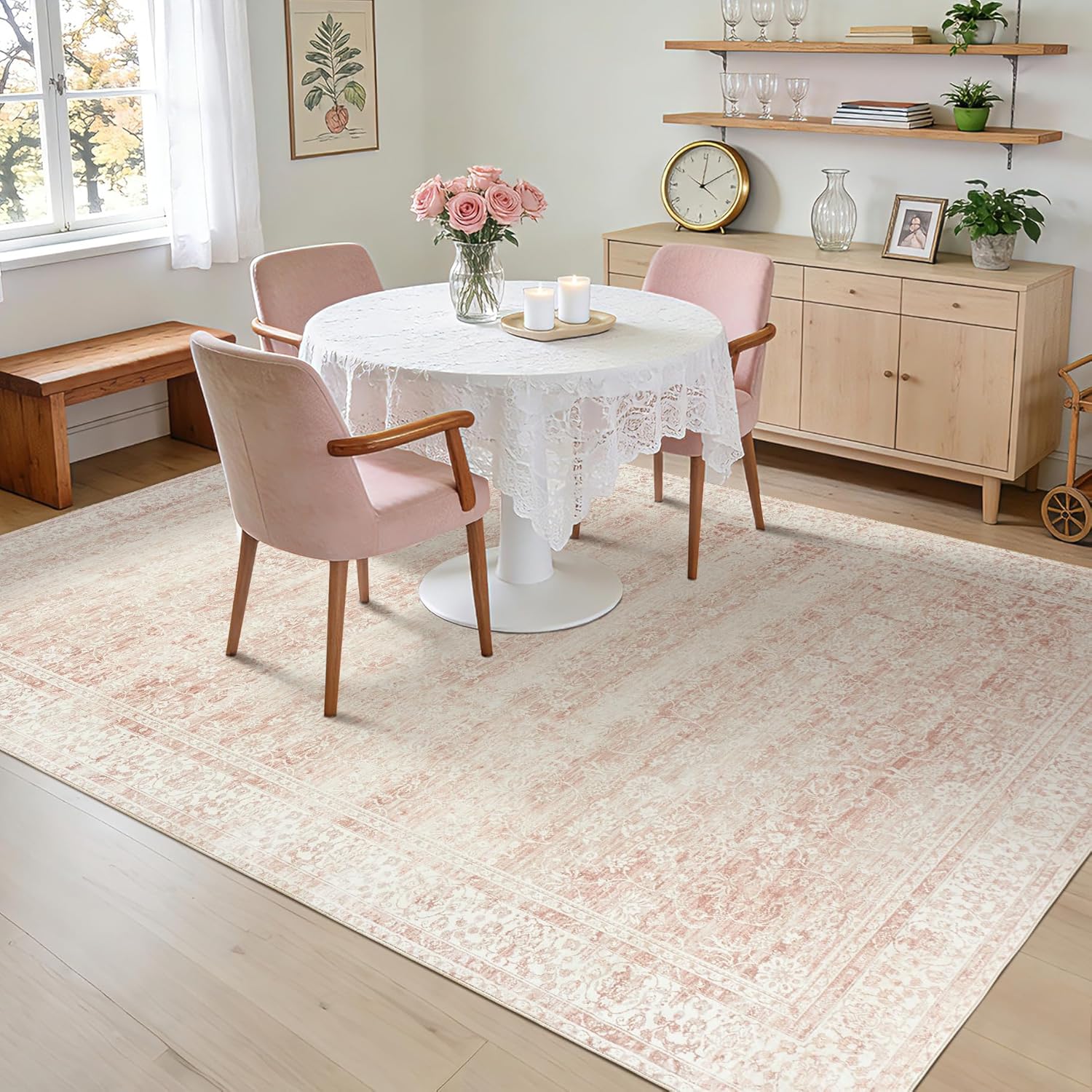 Pink Nursery Rug for Baby Girl 5 x 7 Neutral Blush Pink Boho Cute Floral Foldable Machine Washable Low Pile Soft Surface Carpet Area Rugs for Living Room Bedroom Dorm Kids Playroom,5x7 - Image 5