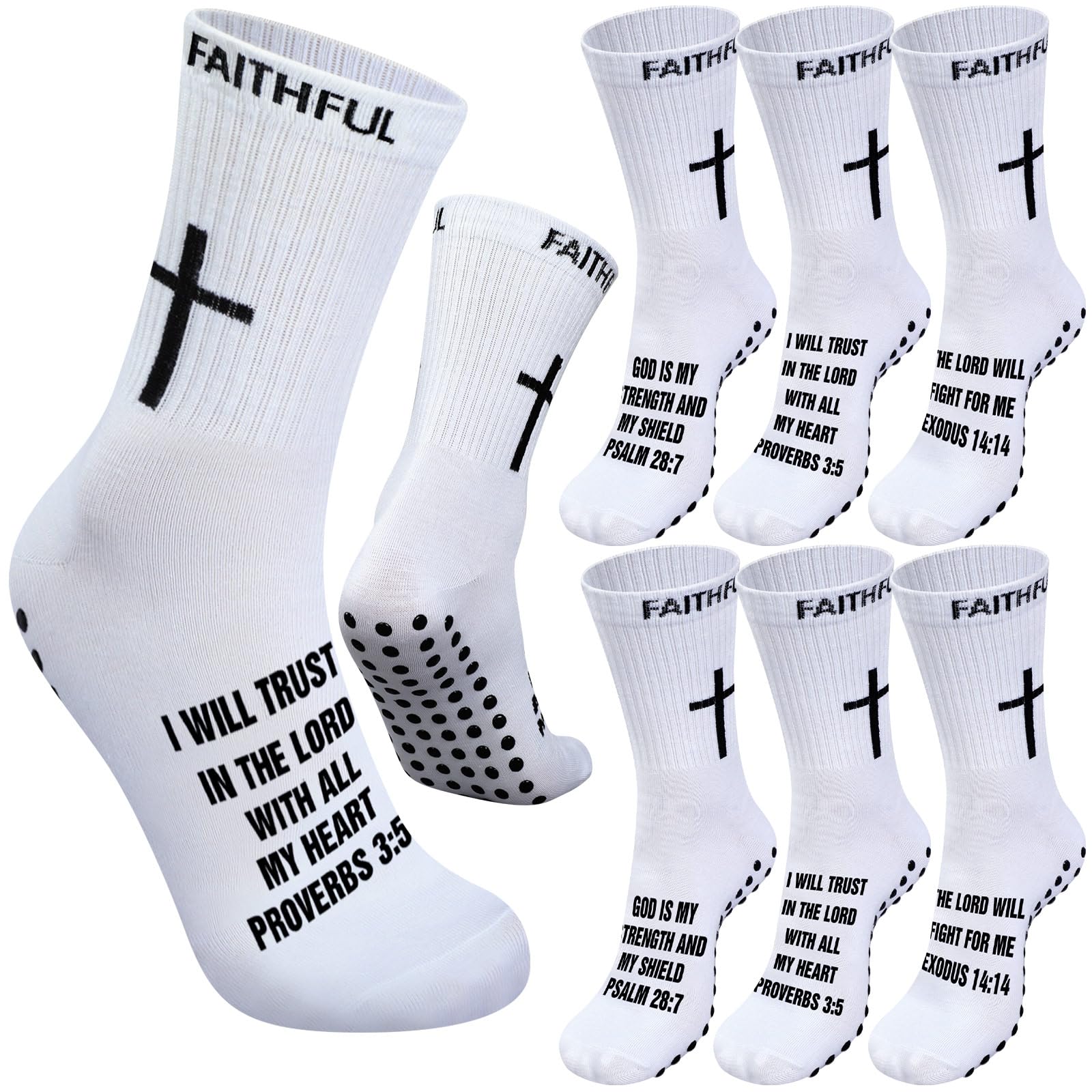 6 Pairs Christian Cross Socks Anti Slip Soccer Sock with Rubber Dot Religion Gift for Men Youth Women Sports
