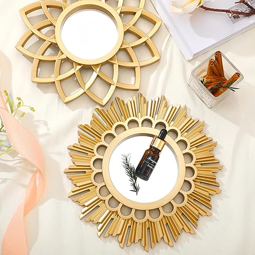 Miniatura 7 de Dandat Juego de 4 espejos dorados para decoración de pared, pequeños círculos de flores, espejos decorativos plateados para colgar en la pared,