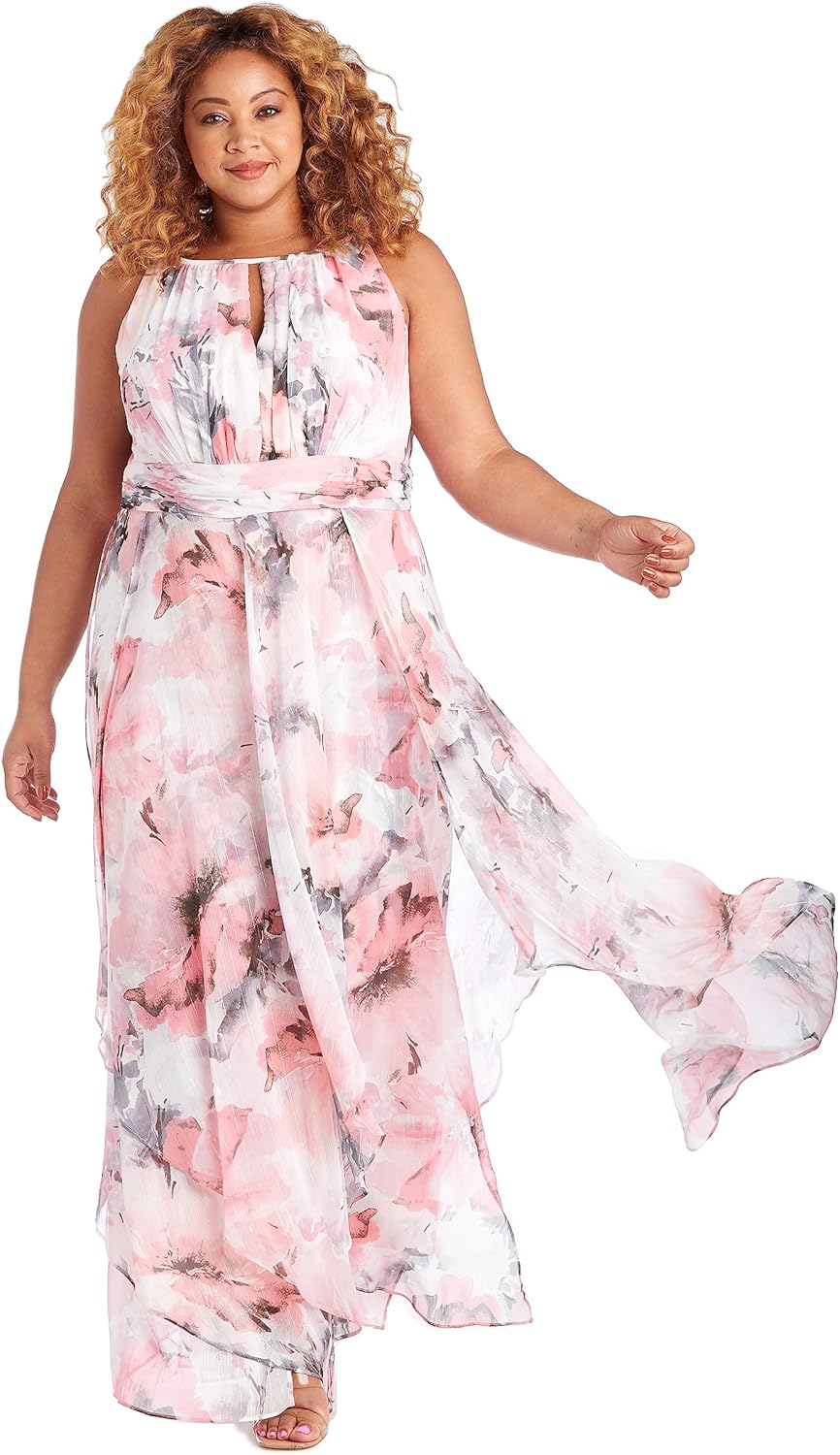 R&M Richards Women's Floral Chiffon Maxi Dress - Sleeveless Halter Neck & Hankie Hem Flowy Daytime Spring Summer Wear - Image 4
