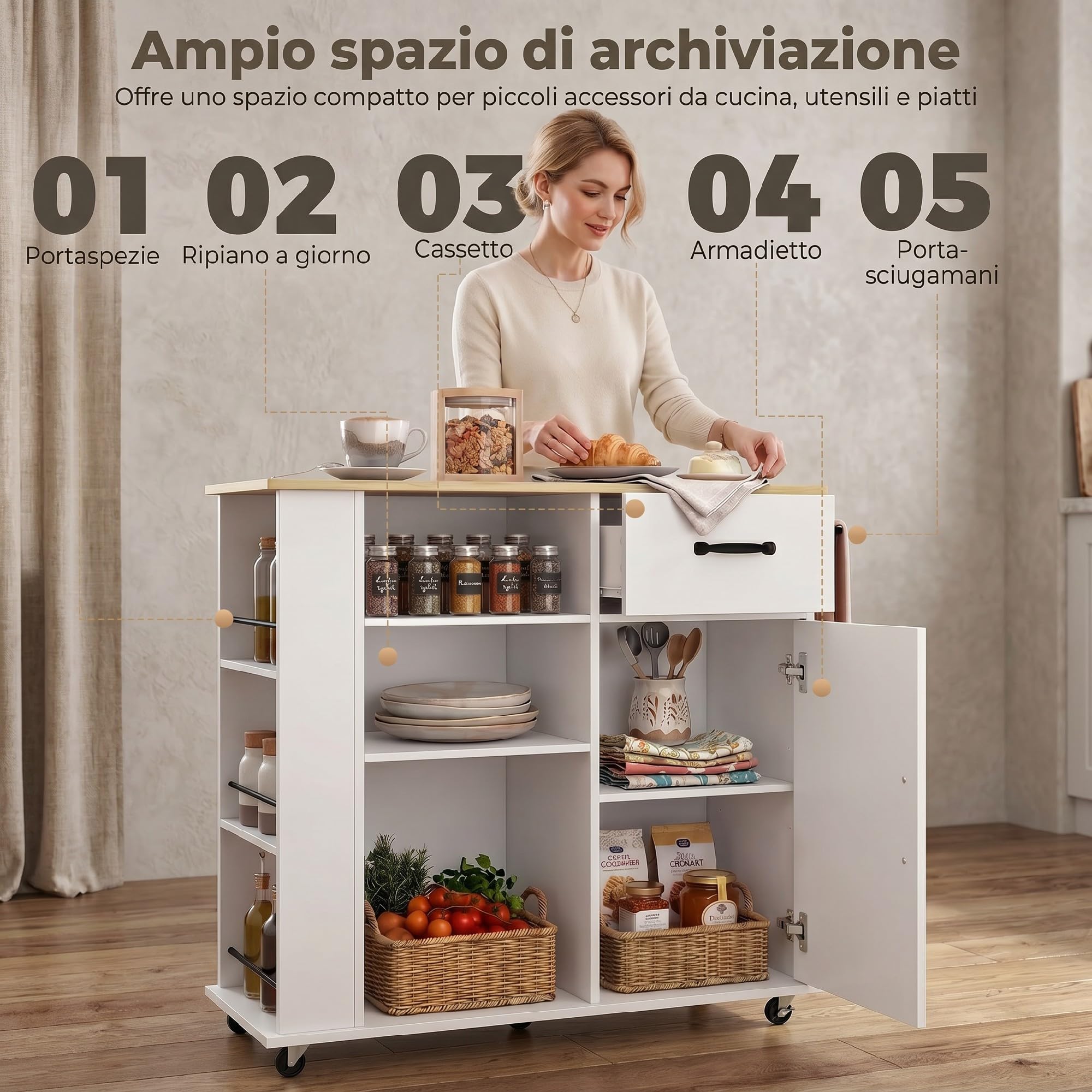 HOMCOM Carrello Cucina con 5 Ruote, Isola Cucina con Ante Soft-Close, Cassetto, Portasciugamani, 3 Portaspezie, 3 Scaffali Aperti e Ripiano Regolabile, Multiuso Salvaspazio, 96.5x38x87 cm, Bianco