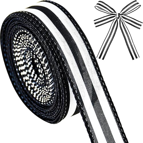 Miniatura 20 de Cinta de alambre con rayas blancas y negras - 1.5 pulgadas x 10 yardas, cinta de primera calidad para envolver regalos, decoración navideña