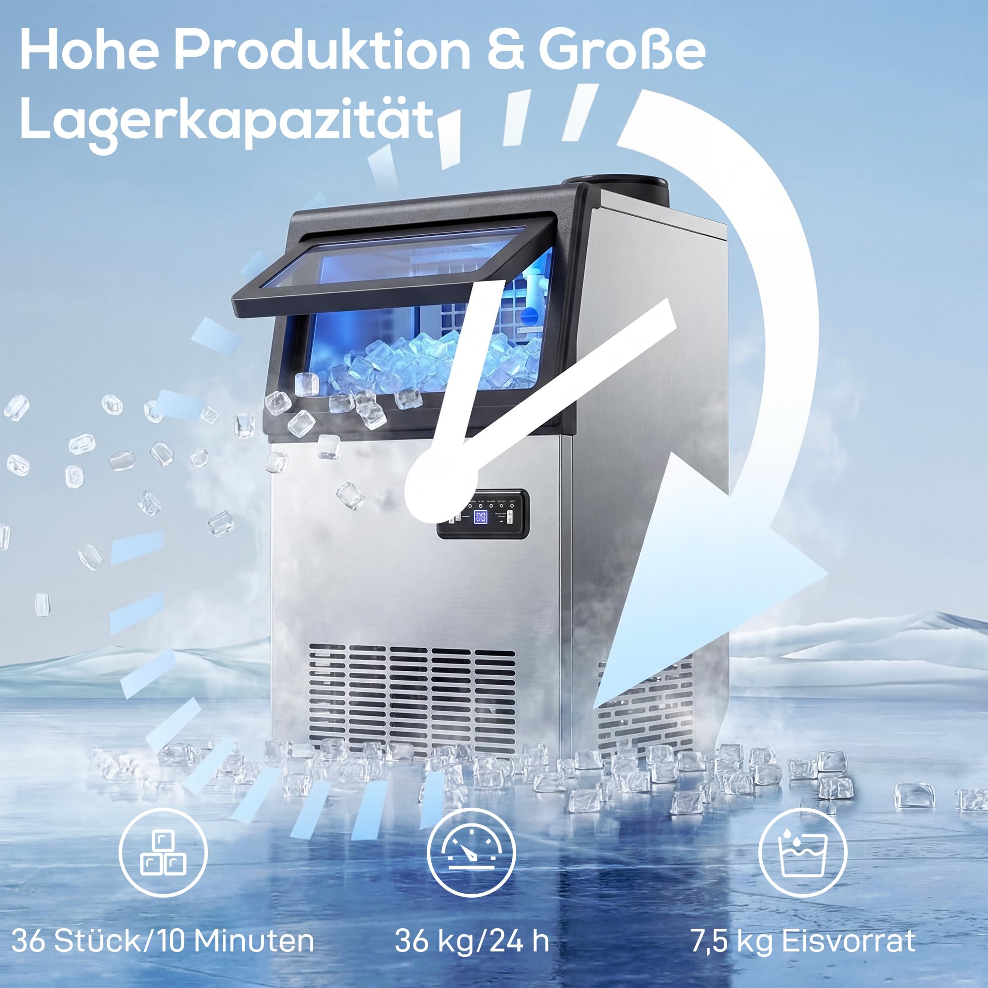 HOMCOM Kommerzielle Eiswürfelmaschine 36kg/24H selbstreinigend Eismaschine mit 7,5 kg Speicher, Timer, Ice Maker Machine aus Edelstahl mit Eisschaufel für Bar, Büro, Restaurant, Café
