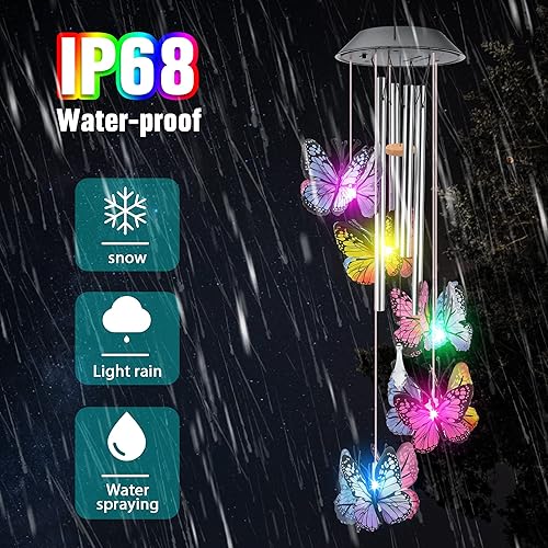 Miniatura 4 de Campanillas de viento solares de mariposa, cambio de color, para exteriores, alimentadas por energía solar, 9.5 x 5.25 x 2 pulgadas