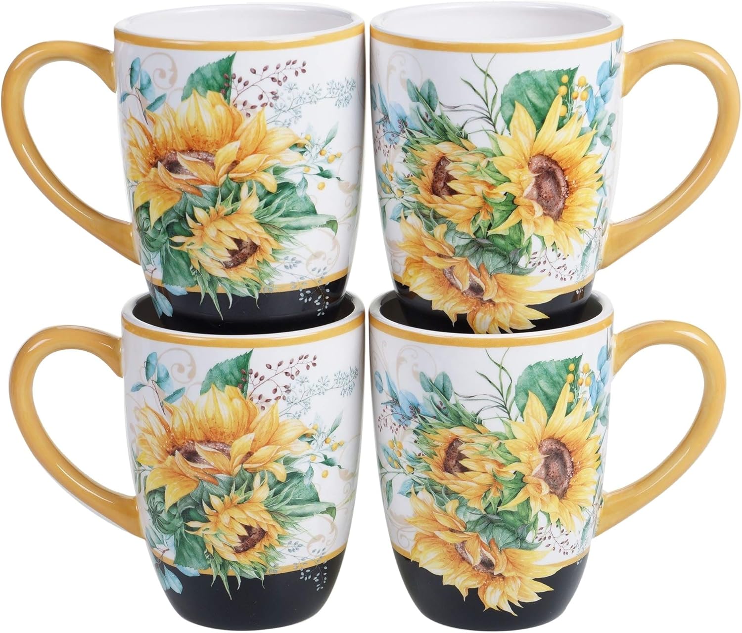 Sunflower Fields 16-Piece Dinnerware Set (Service for 4) Multi Color White Yellow Floral Farmhouse Modern Contemporary Round 16 Piece Dishwasher Safe Microwave