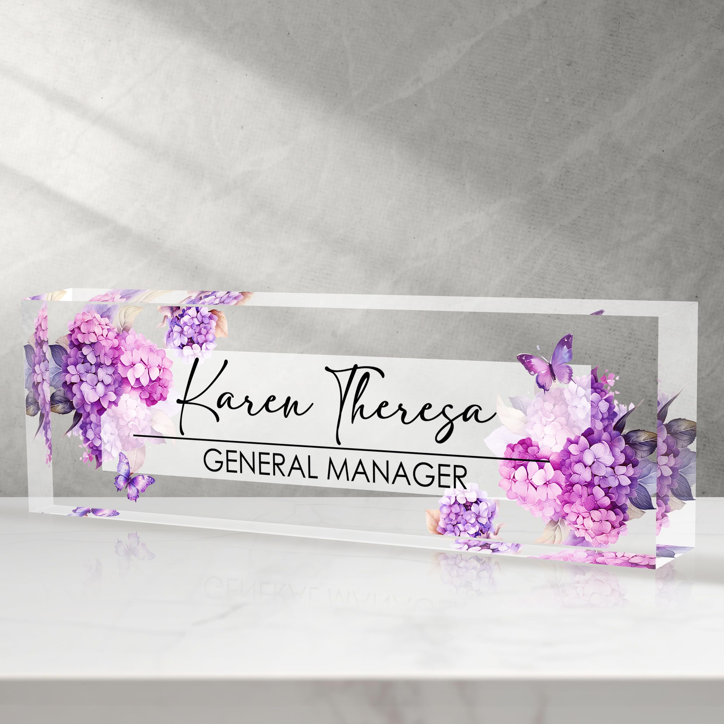 Custom Office Name Plate, Personalized Gifts for Women &amp; Men, Appreciation Gifts for Employees, Boss, Teacher - Office Desk Accessory (Purple Hydrangea Flower)