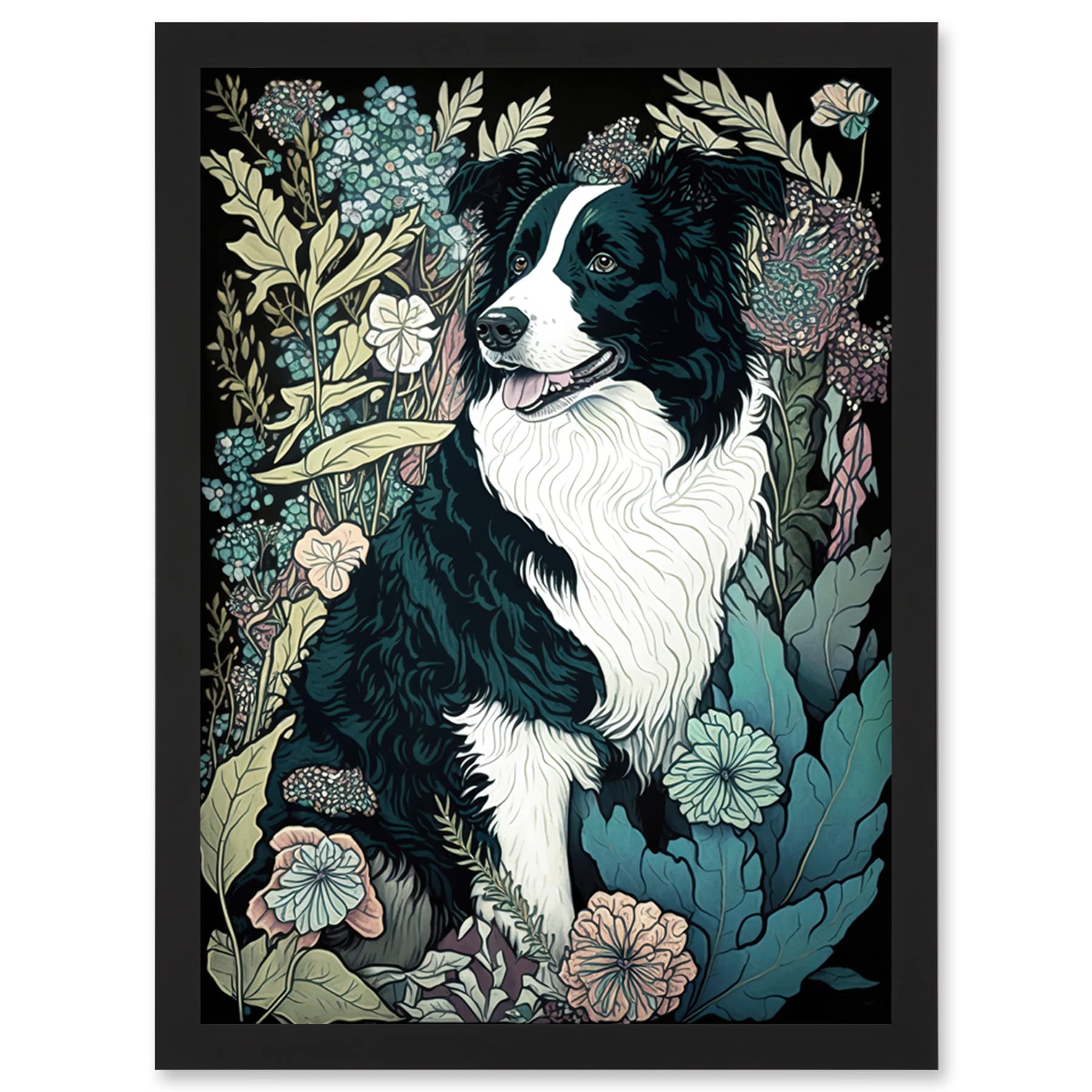 Artery8 Border Collie Dog In Wildflower Field Modern Illustration Wall Art PrintA4 Size from B&Q