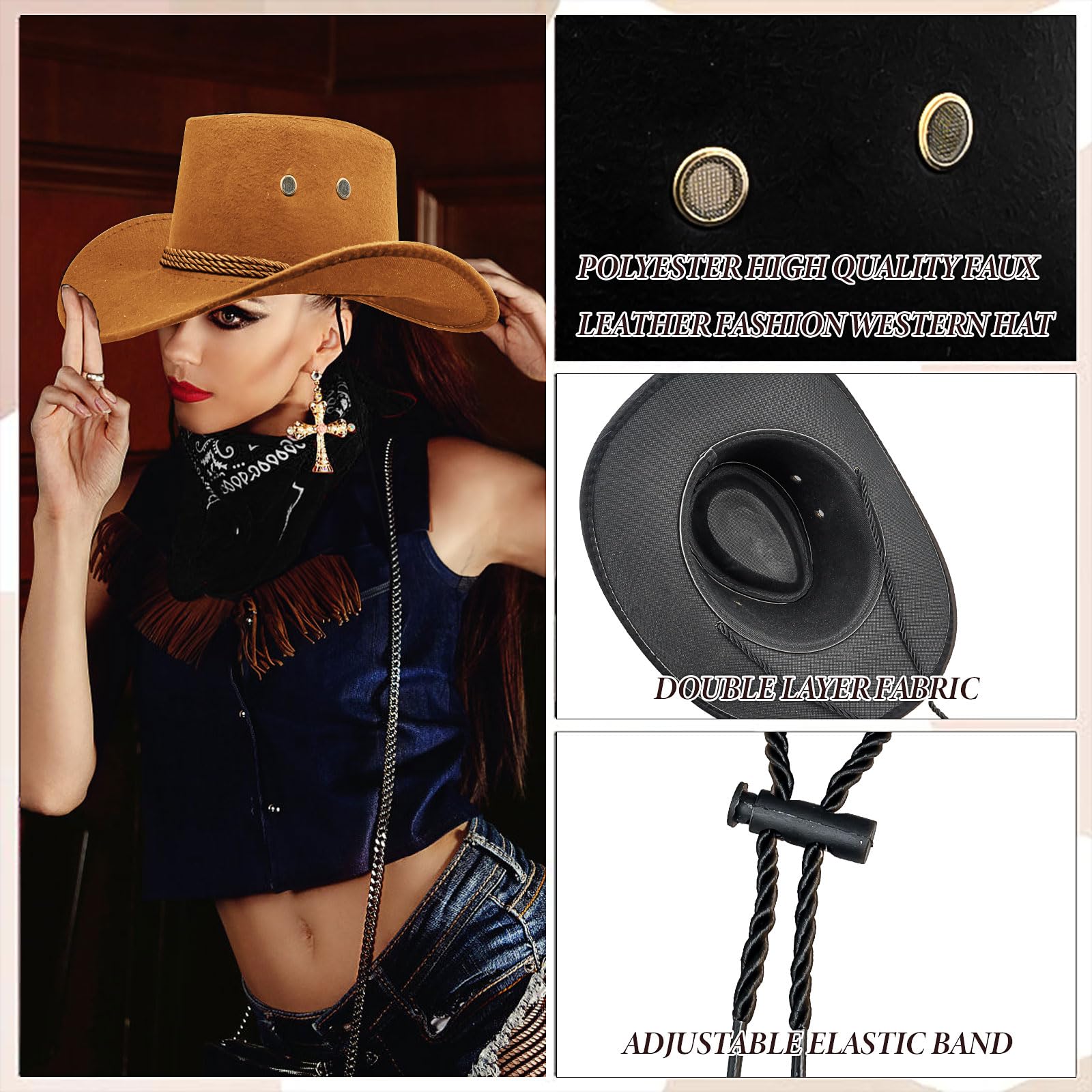 MSYU Set di 6 cappelli da cowboy per donne e uomini, unisex, cappello da cowboy western, in feltro, con bordo largo, cappello classico panama per esterni, cappelli da cowboy con bordo largo