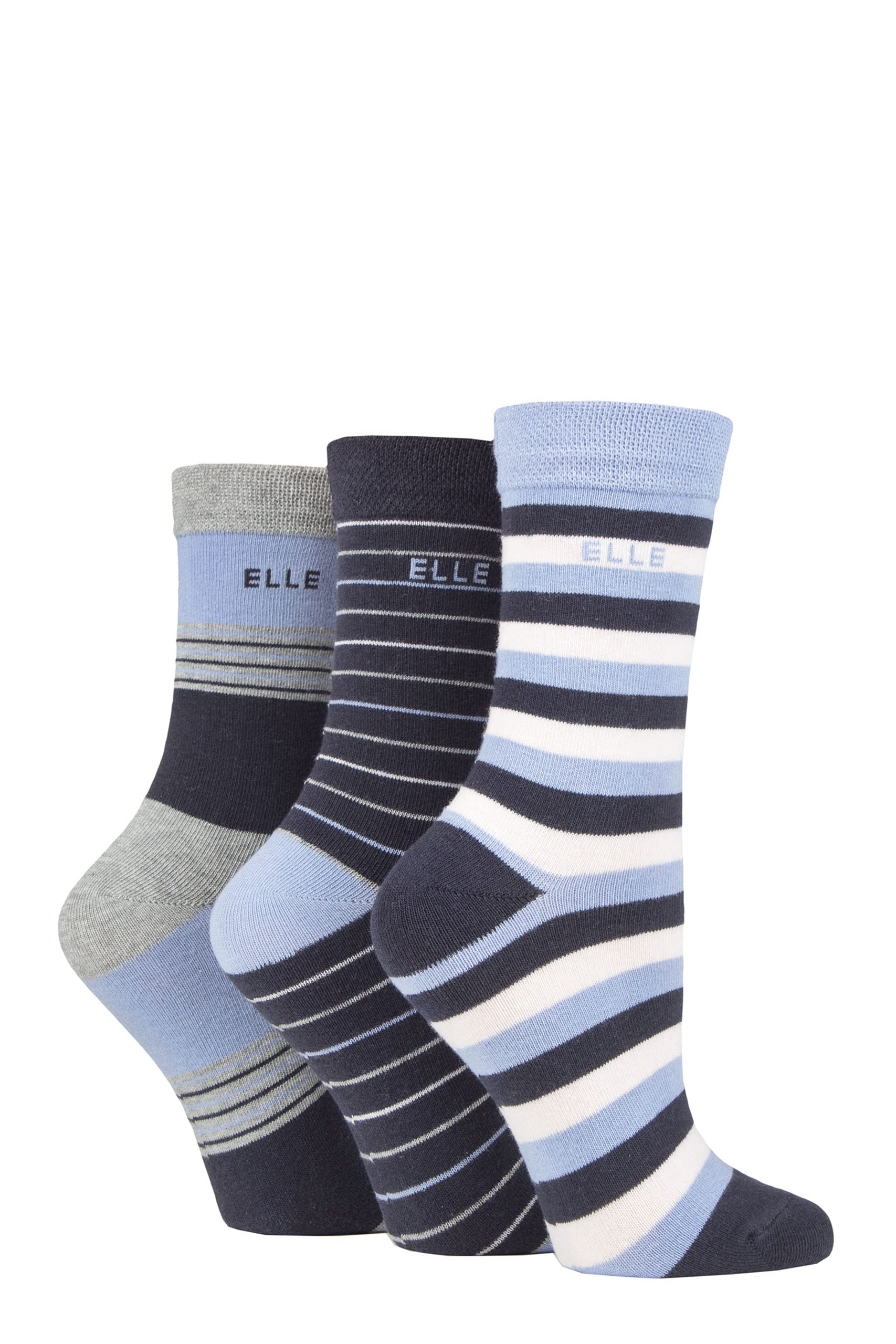 ElleLadies Cotton Socks 3pk- Plain, Striped and Patterned Soft Cotton Socks with Hand Linked Toes Multipack of 3 Pairs Size 4-8
