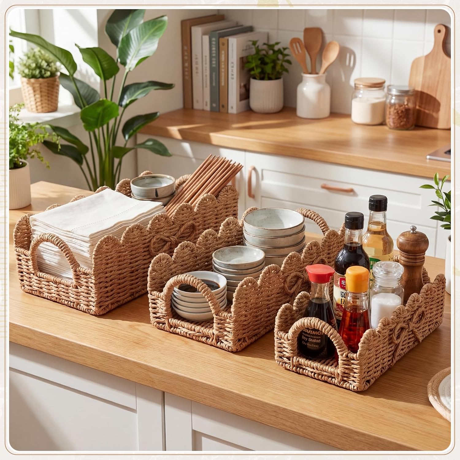 Colingmill 3 Pcs Paper Rope Scalloped Toilet Paper Storage Basket, Decorative Woven Basket with Handle for Over Toilet Shelf Bowknot Organizer Baskets for Living Room Bathroom cottage Bedroom Decor