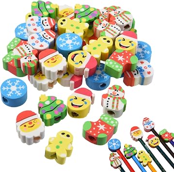 42Pcs Christmas Pencil Top Erasers for Kids Bulk, Cute Cap Eraser Mini Eraser Toppers for Party Favors Goodie Bags Stuffers Stocking Stuffers Holiday Gifts