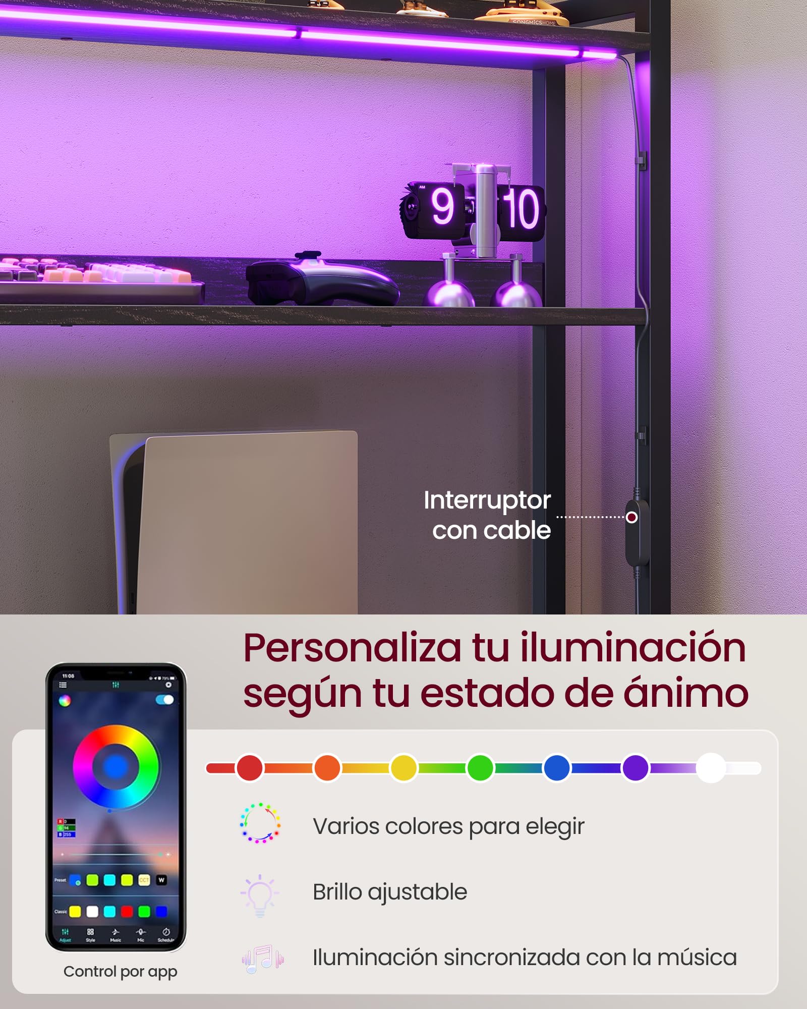 VASAGLE Escritorio en Forma de L, con Enchufes, Luces LED, Cajones y Soporte para Monitor, 140 x 100 x 150 cm, Negro, para Oficina en Casa y Gaming, Colección Barnet LWD162B101
