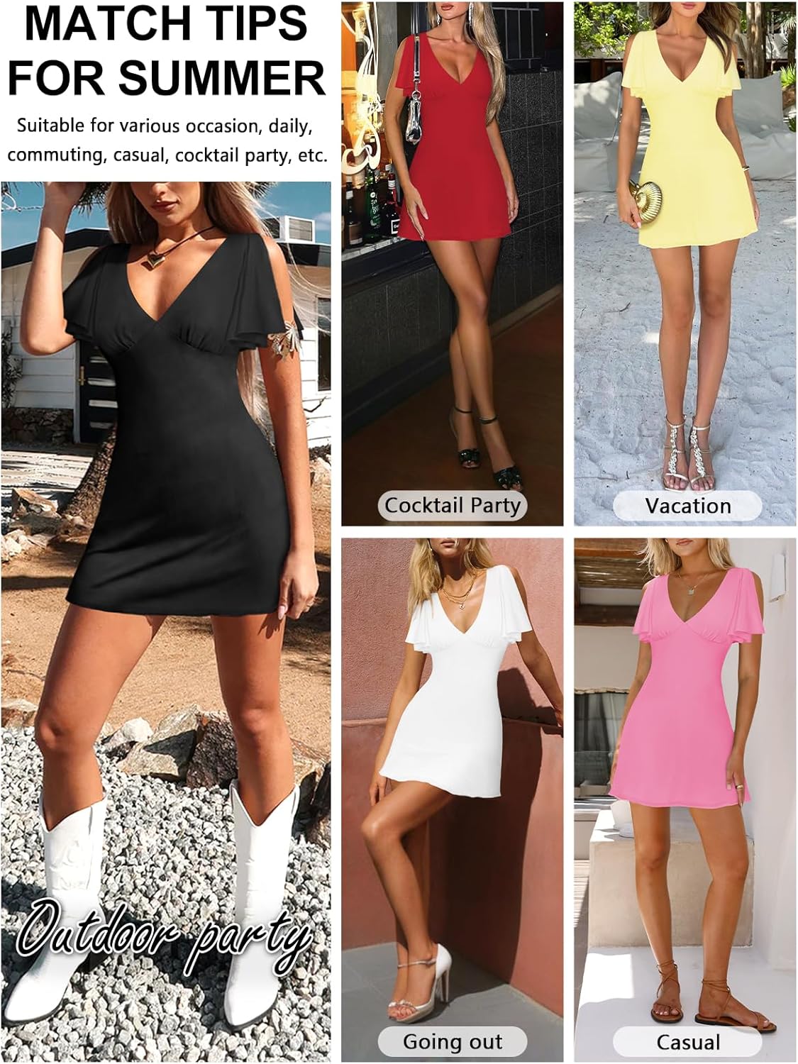 Women's Sexy Deep V-Neck Ruffle Sleeve Mini Dresses Summer Casual Bodycon Beach Cocktail Party Club Short Dress - Image 6