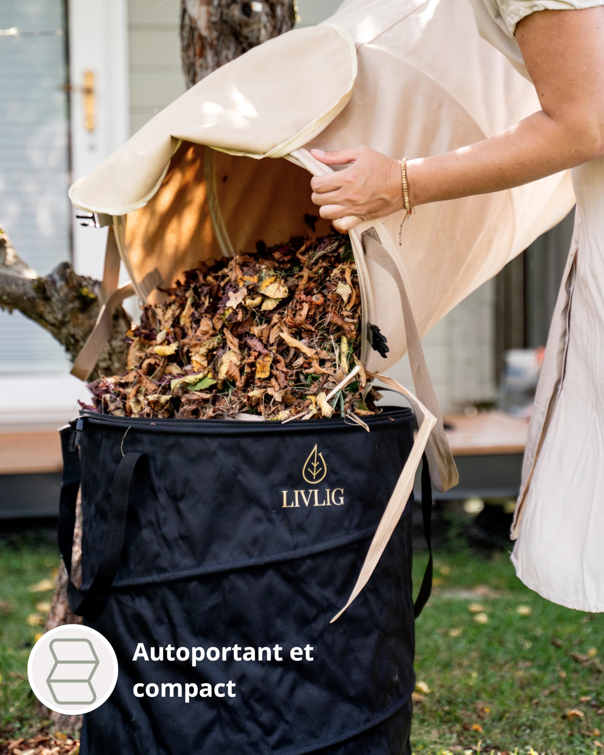 Sac de jardin LIVLIG Pop Up 90L, Sac à déchets de jardin pliable avec couvercle et double fond, Sac à feuilles stable avec couvercle, Sac à feuilles et sac à déchets de jardin Beige, 2 pièces
