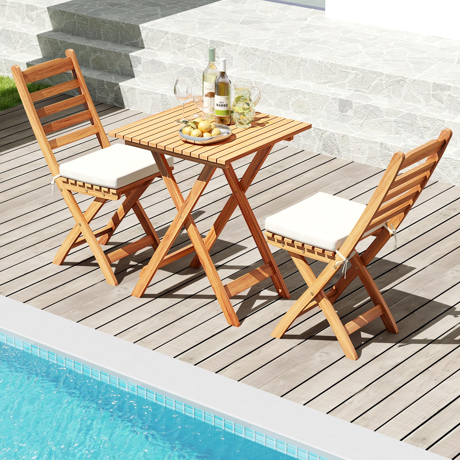 COSTWAY Bistro Set Esterno Legno Acacia Tavolo 2 Sedie Pieghevoli con Cuscini