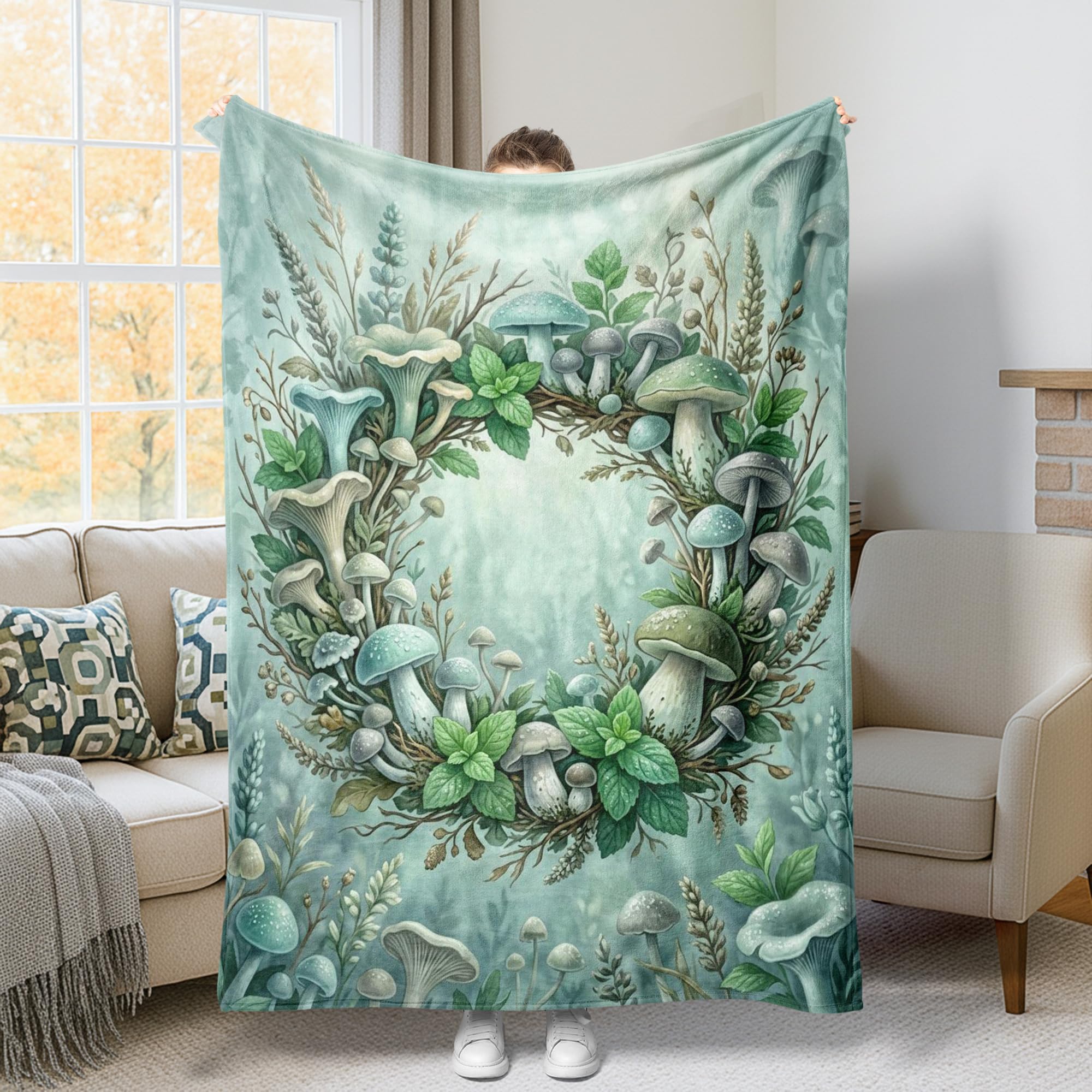 Couverture polaire haut de gamme motif botanique vert automne grand confort pour lit et sofa