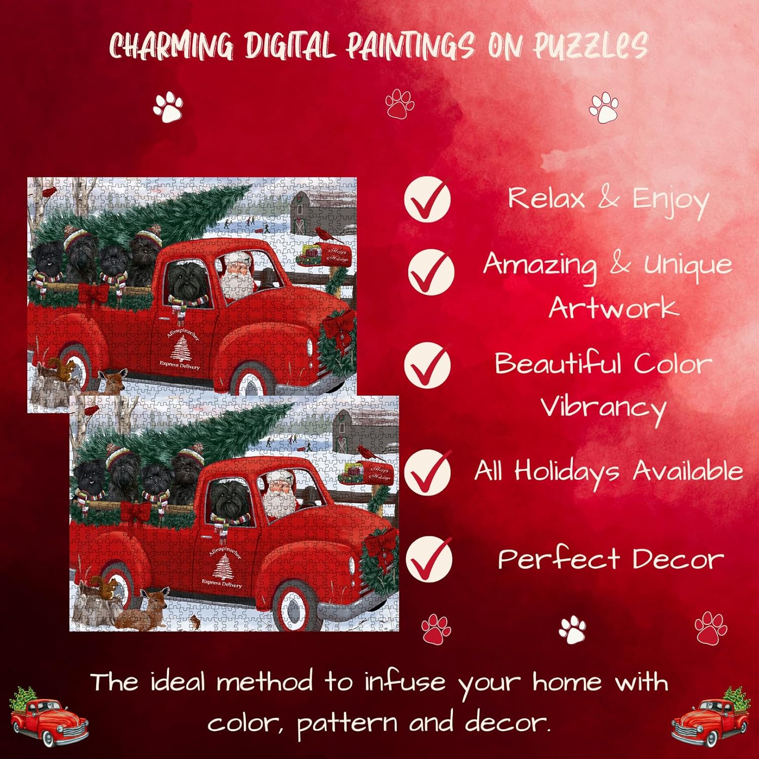 Christmas Santa Express Delivery Red Truck Affenpinscher Dogs - Interlocking Jigsaw Puzzle - Canine Christmas Challenging Puzzles Games for Group Adults, 500 Pieces 20.5"x15" PZLE8745755