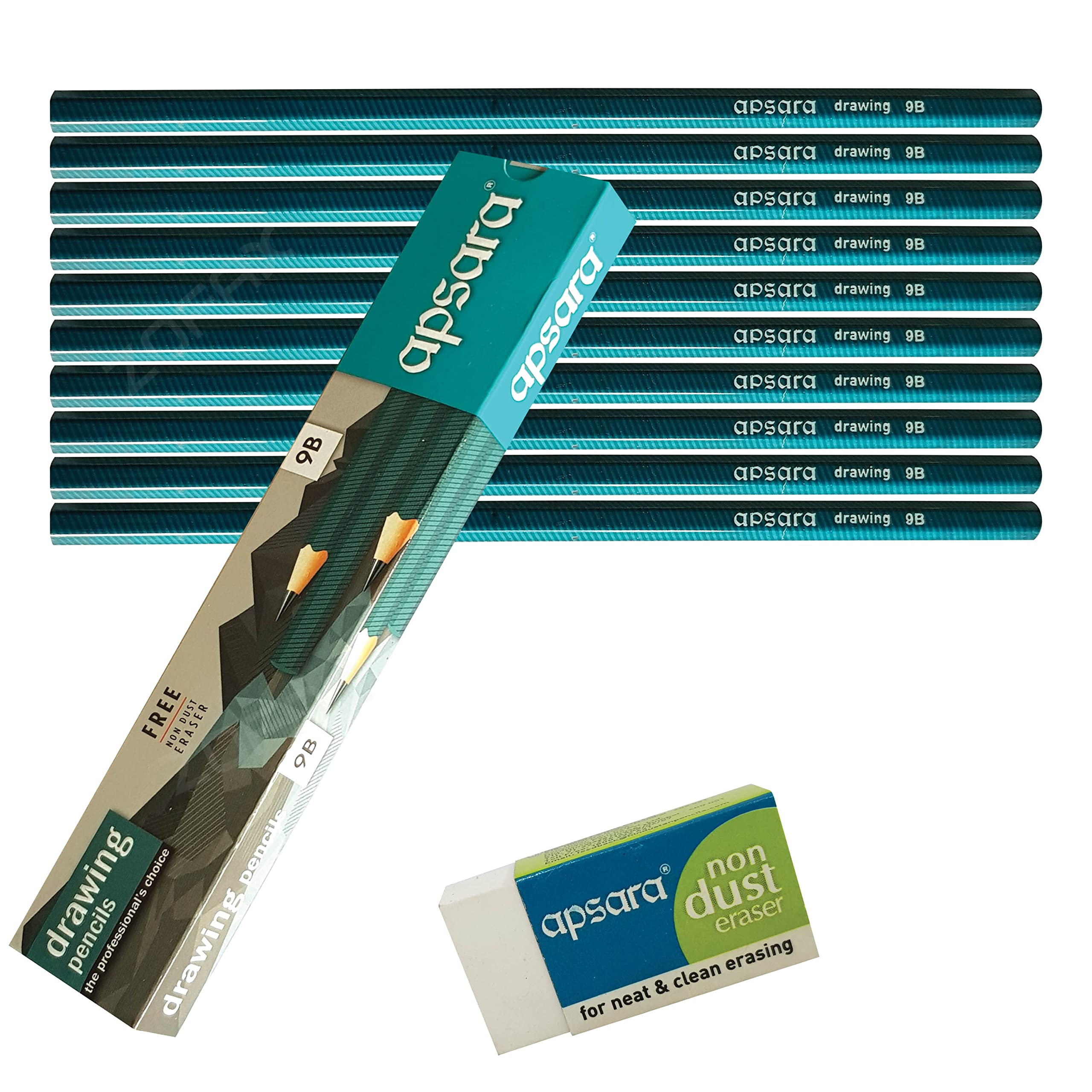 Sketching Pencils, 9B Graded, Pack of 10, Graphite Lead, Professional Artists Drawing Pencils Eraser Pack, Sketch Draw Shade Write, iZOFAX Black Ball Pen — image 1